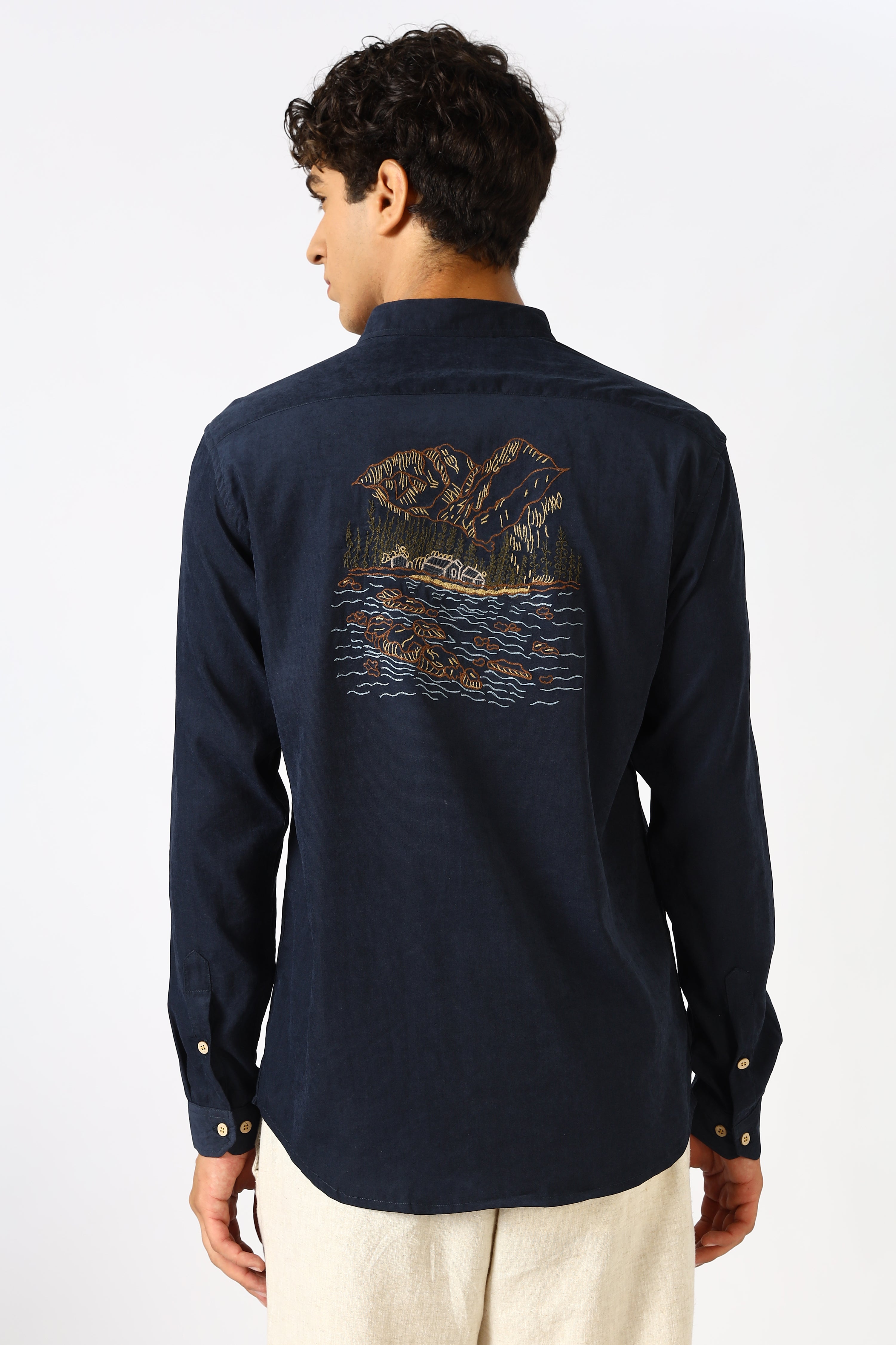 Wilderness House Cotton Regular Fit Navy Embroidered Shirt