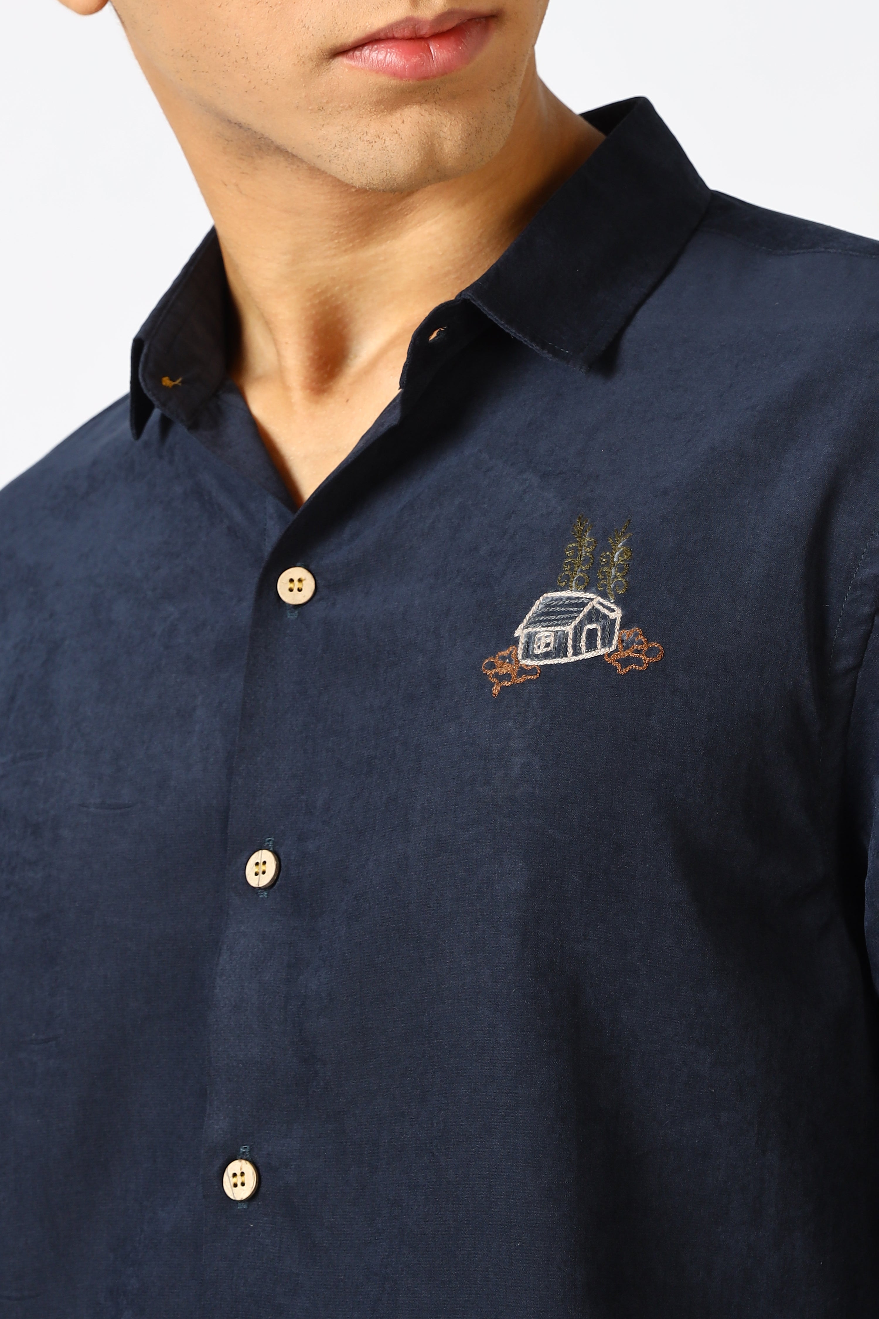 Wilderness House Cotton Regular Fit Navy Embroidered Shirt