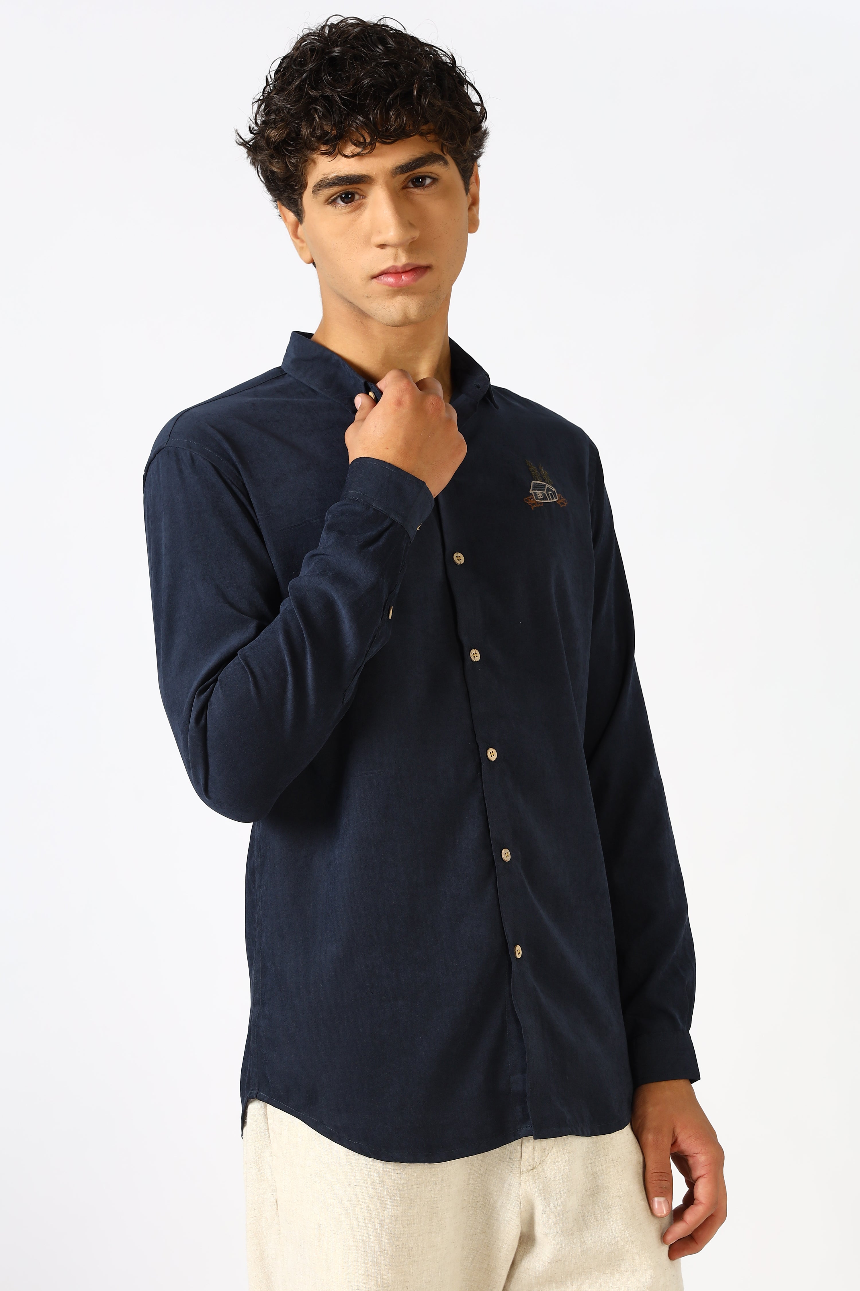 Wilderness House Cotton Regular Fit Navy Embroidered Shirt