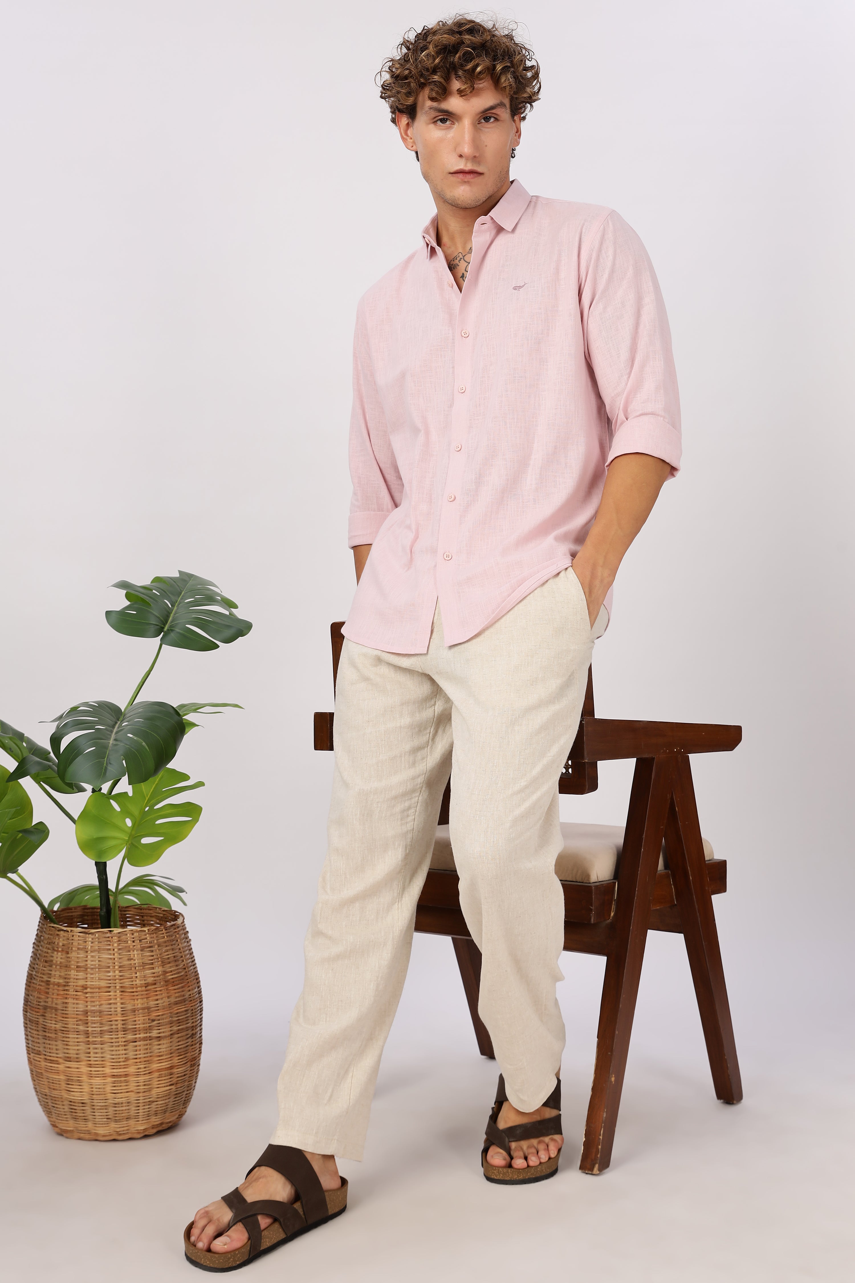Rosé Drift 100% Cotton Mock-Linen Essential Shirt