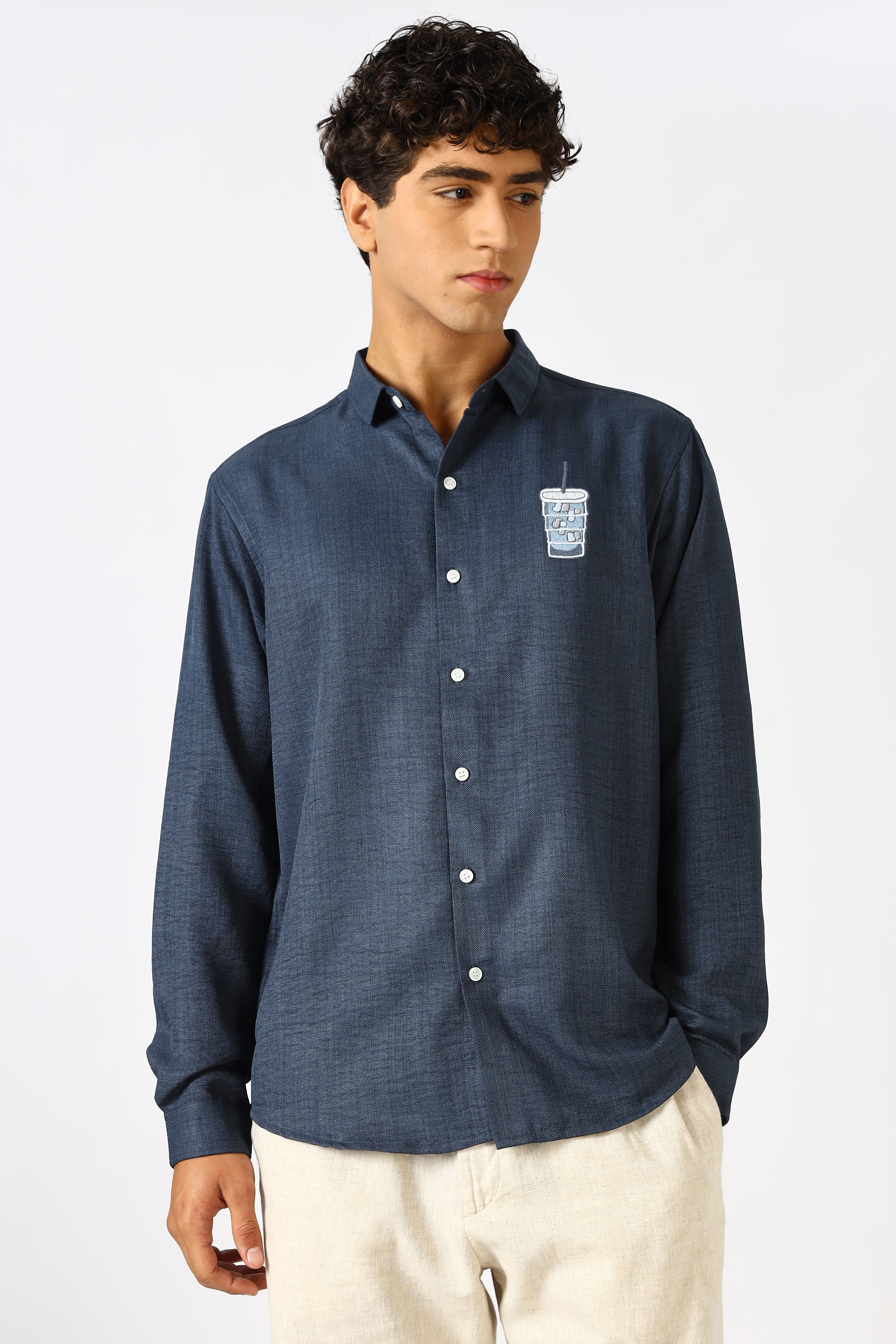 Iced Brew Navy Embroidered Cotton Shirt