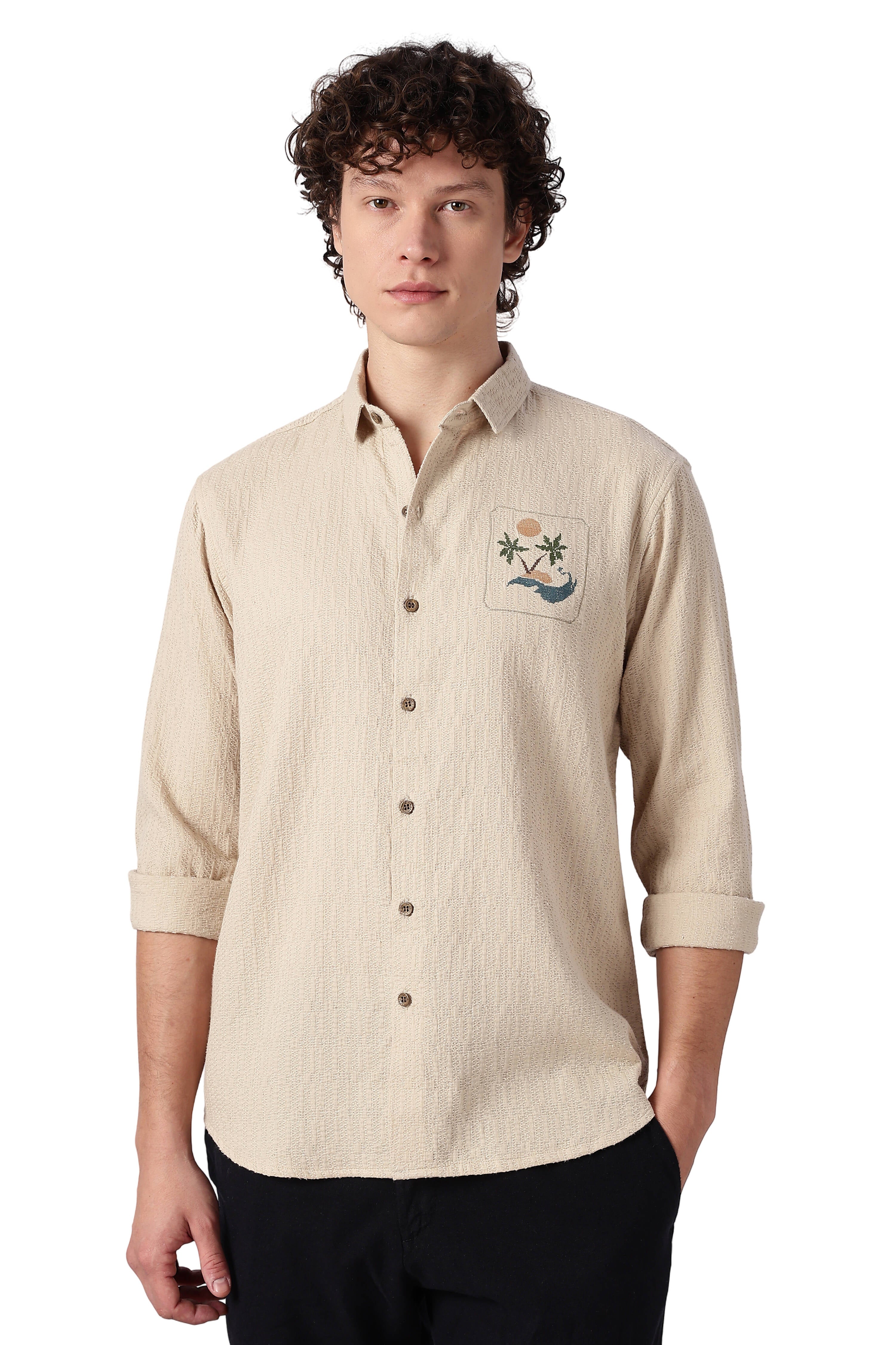 Sunset Cove Cotton Regular Fit Beige Embroidered Shirt
