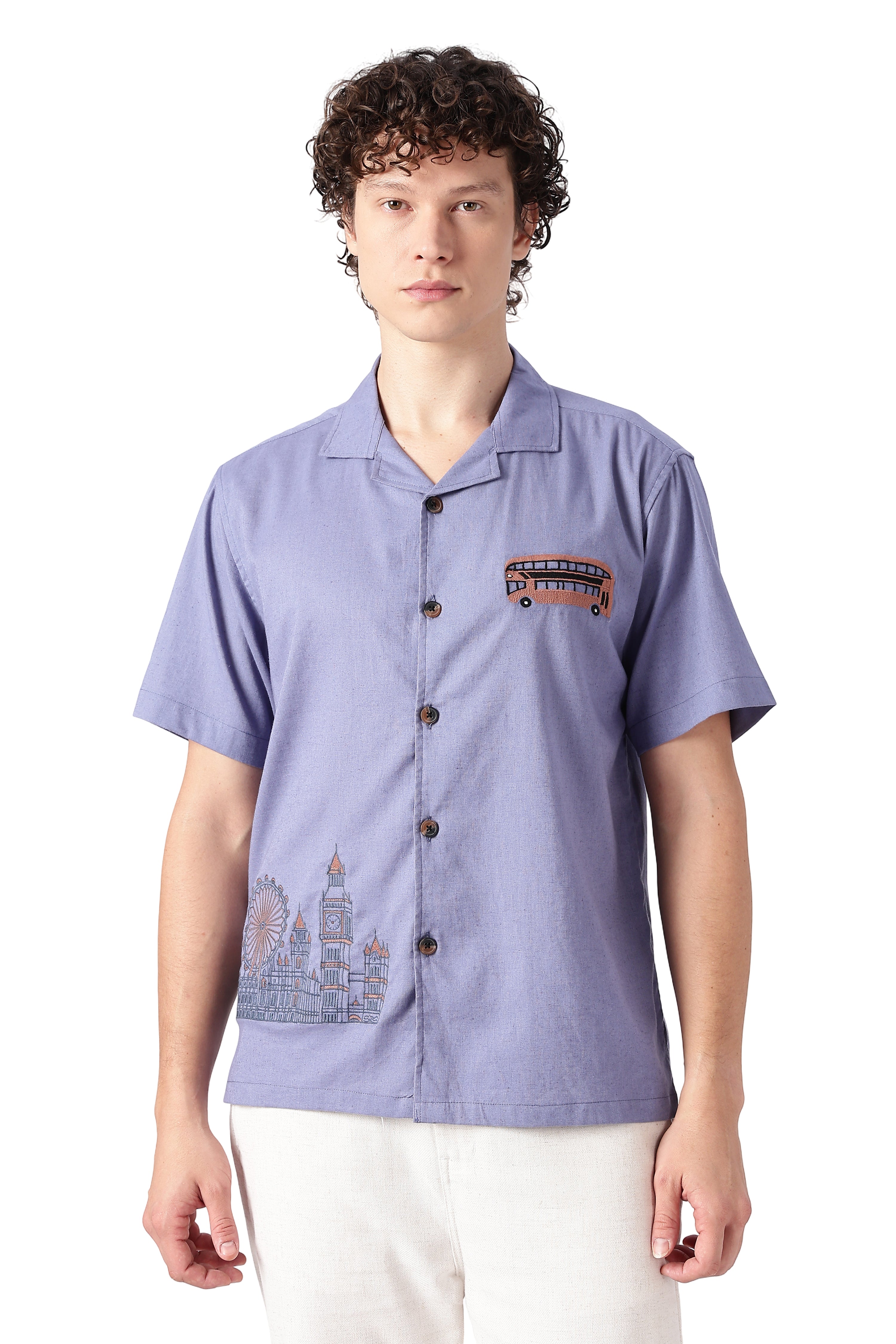 London Life Cotton Box Fit Beige Embroidered Shirt