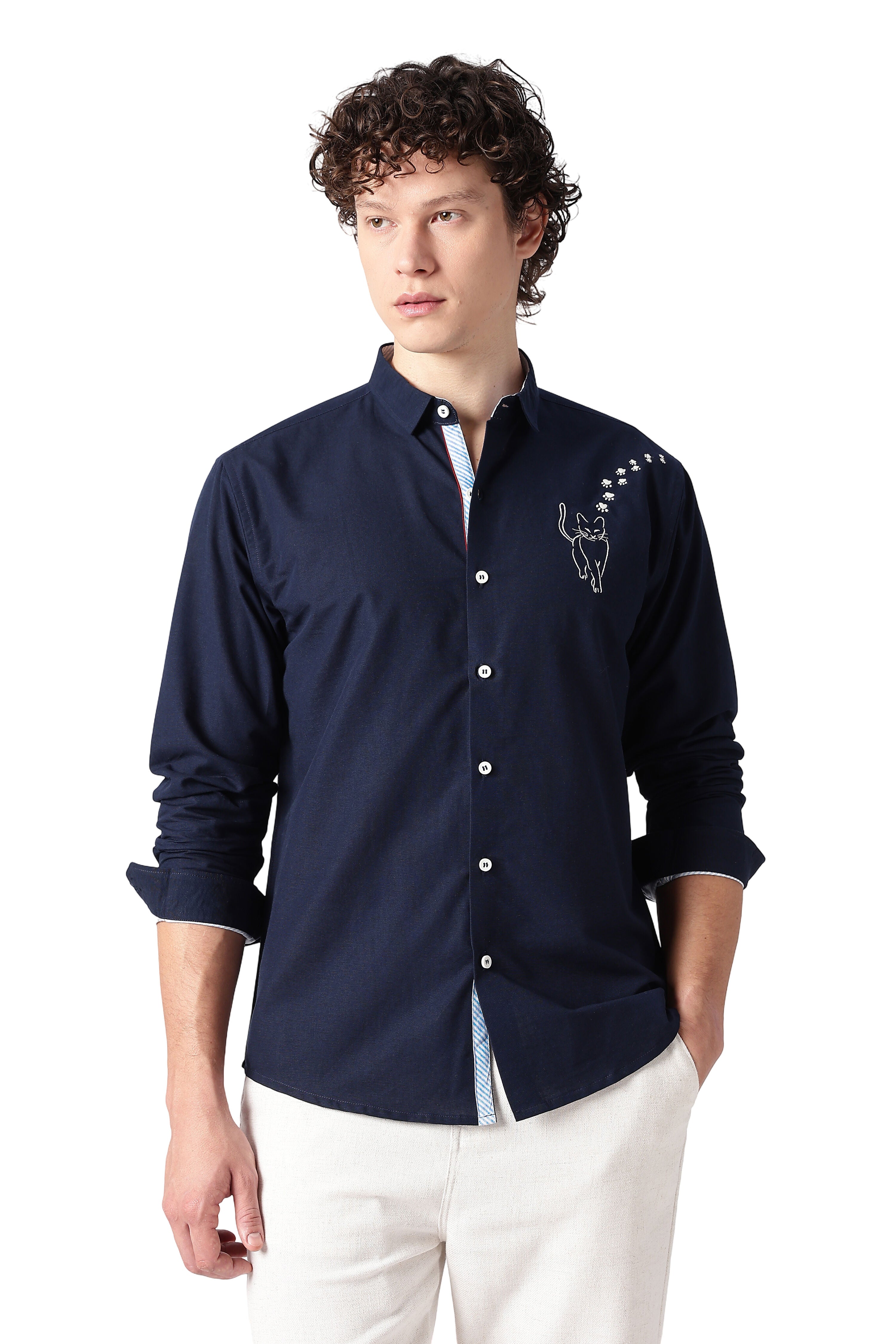 Playful Cat Cotton Regular Fit Blue Embroidered Shirt