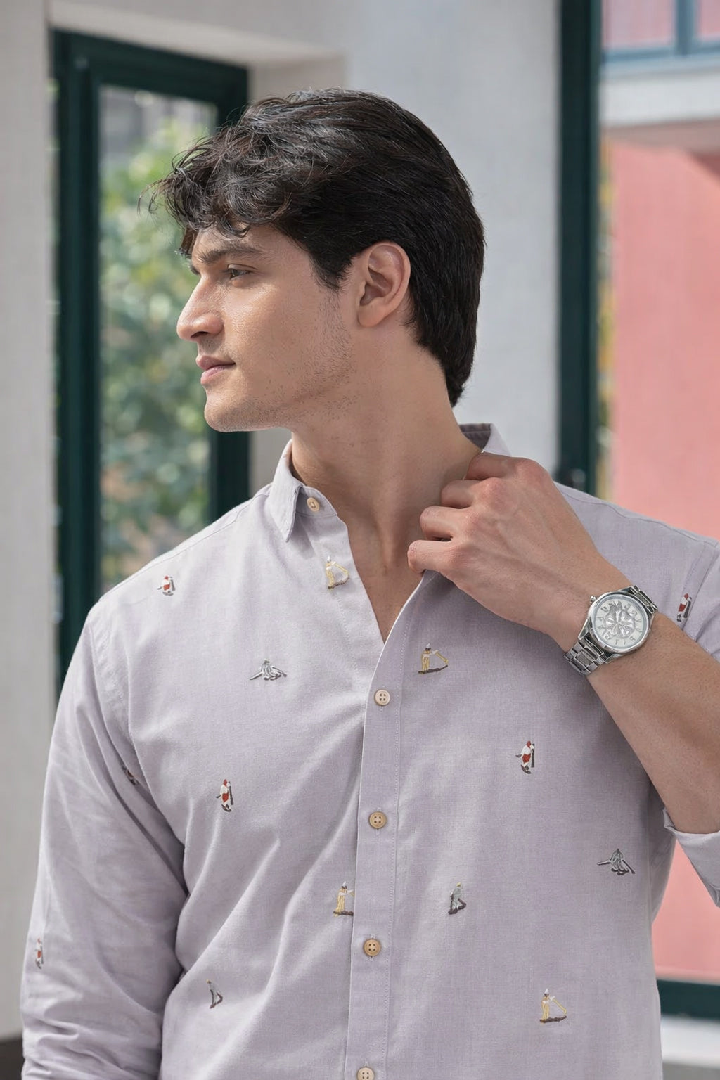 Grey Surfscape Motif Embroidered Cotton Shirt