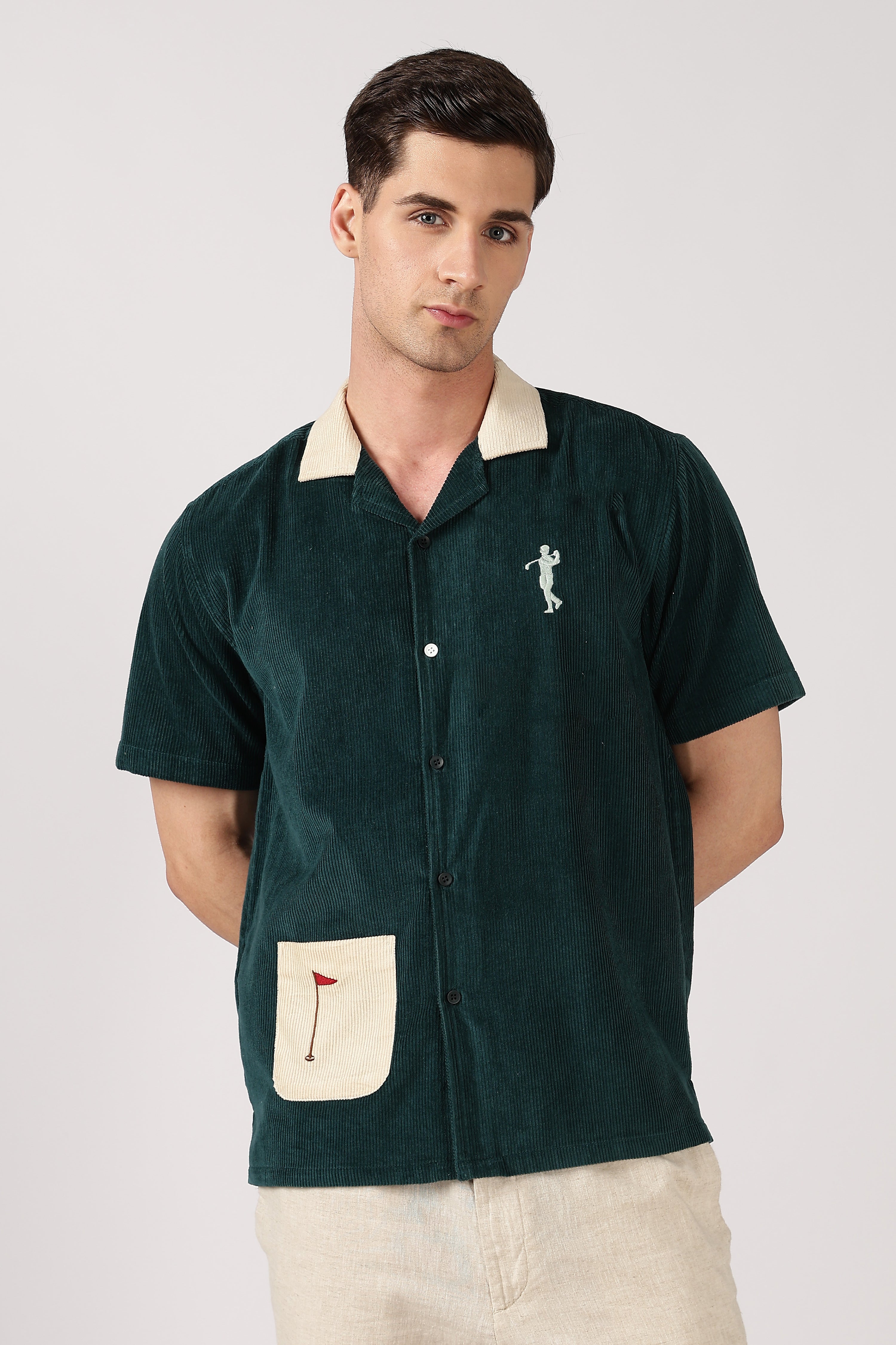Fairway Flag Cotton Corduroy Box Fit Mint Green Embroidered Shirt