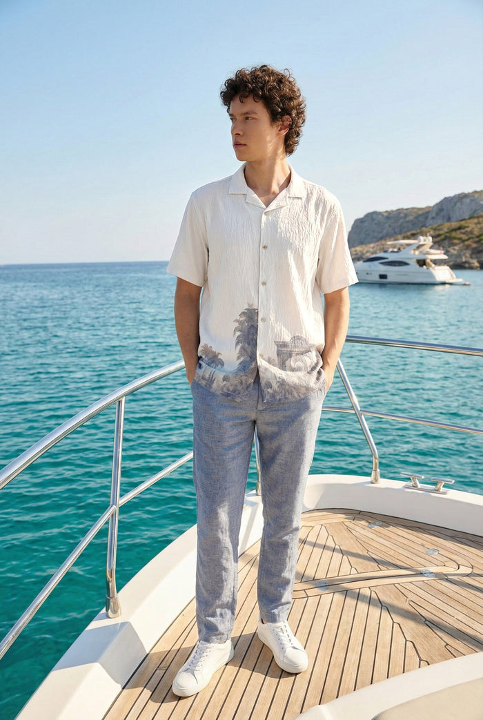 Ivory Crinkled Resort nylon-viscos Box Fit White Printed Shirt