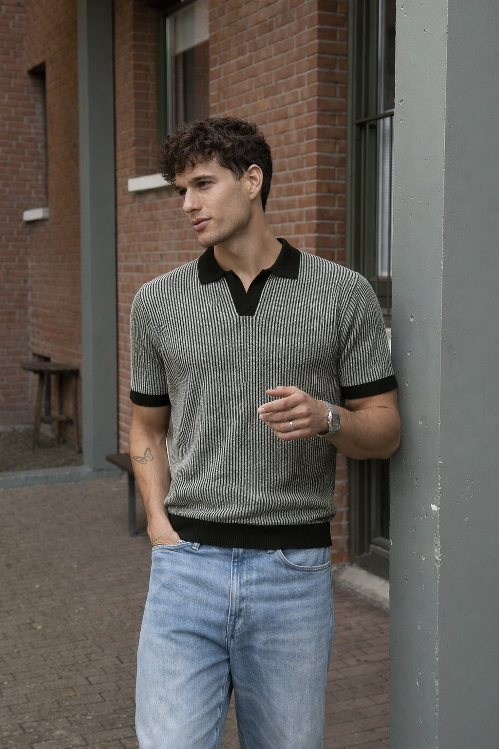 Modern Monochrome Rib Knit Polo T-shirt