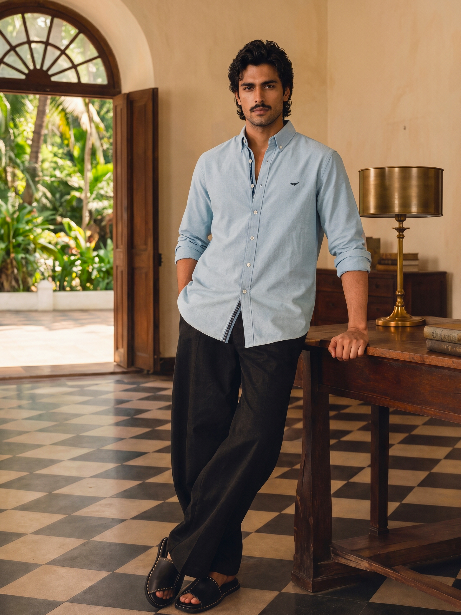 Fine Count Oxford- Broad Collar and Elbow Patches Sky Blue Shirt