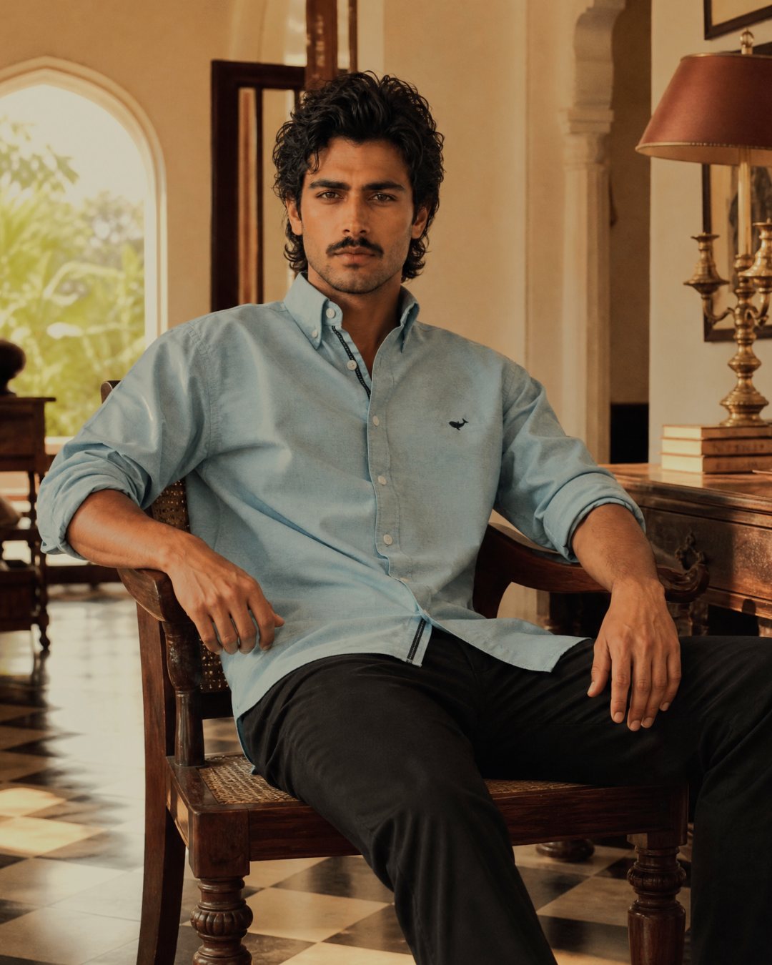 Fine Count Oxford- Broad Collar and Elbow Patches Sky Blue Shirt
