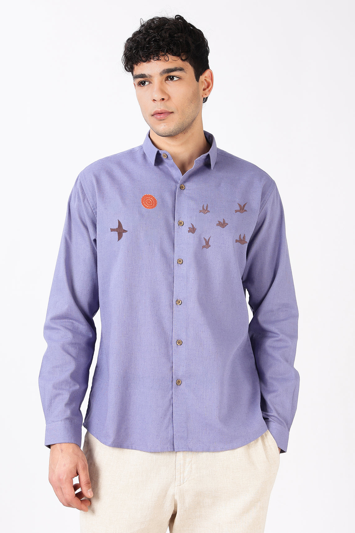 Sunflight Flock Cotton Regular Fit Lavender Embroidered Shirt