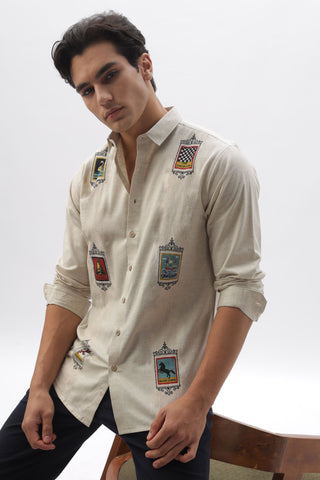 Mystic Forces Beige Placement Printed 100% Cotton Shirt