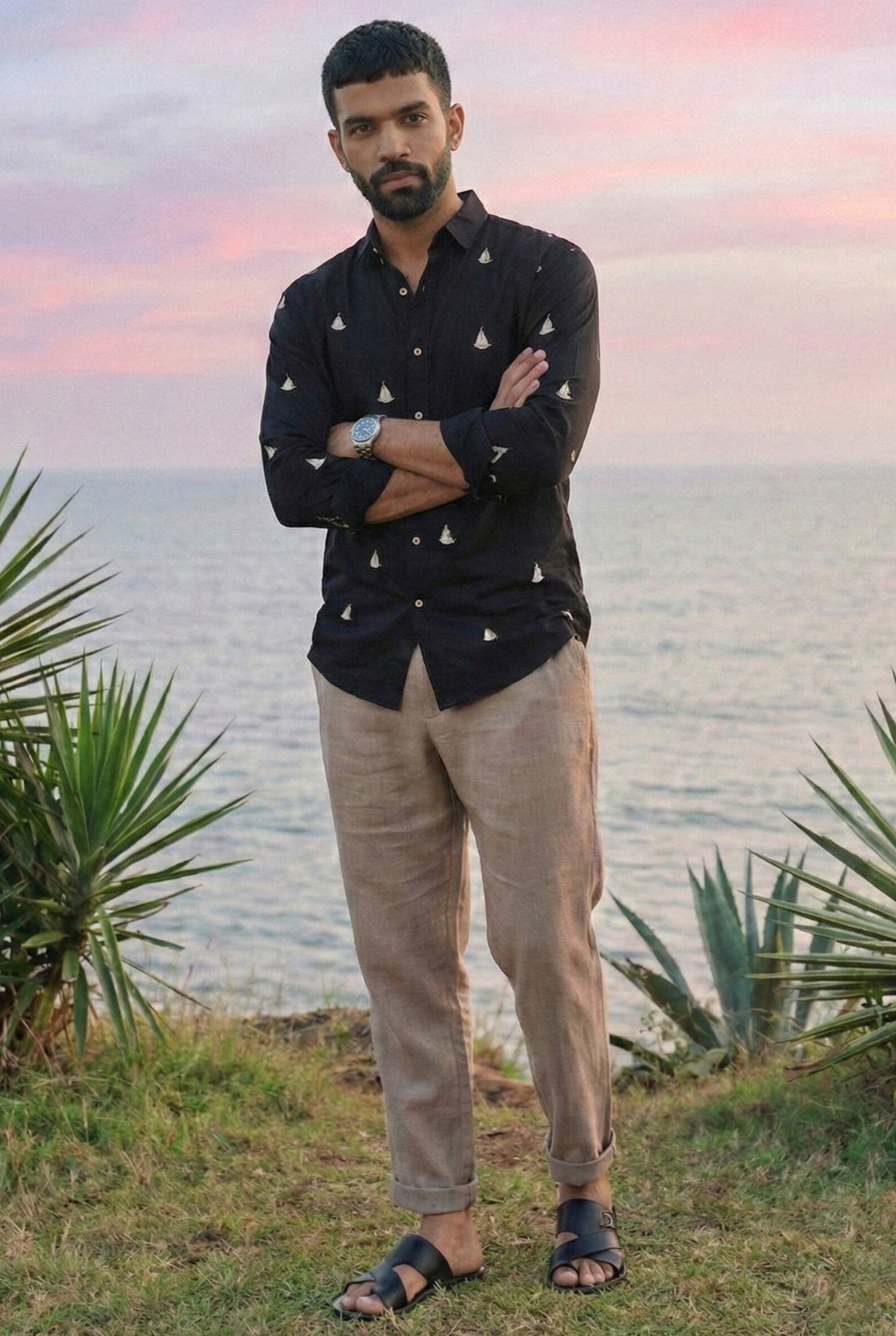 Midnight Sailboat Cotton Regular Fit Black Embroidered Shirt