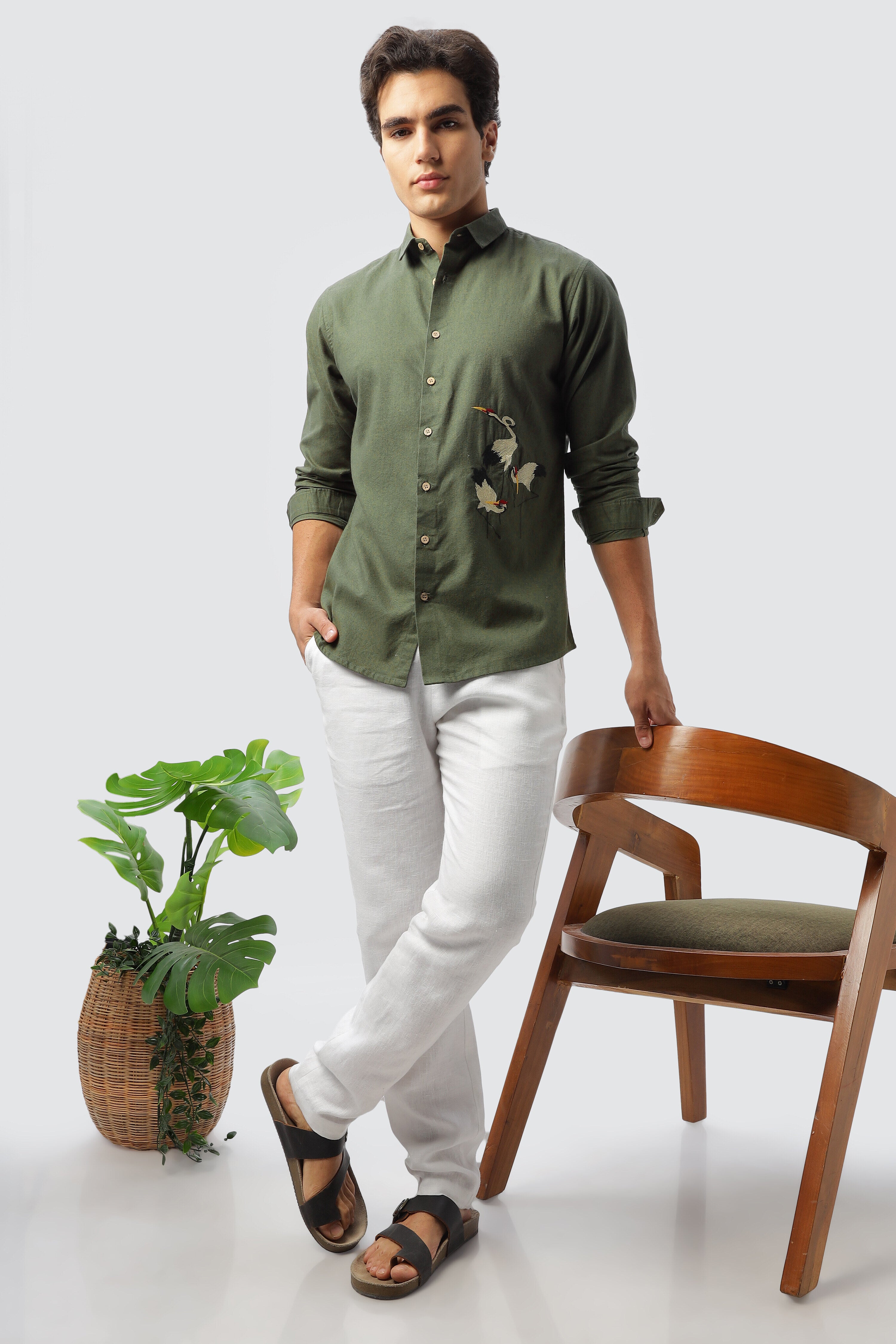 Istanbul Green Crane Embroidery Shirt