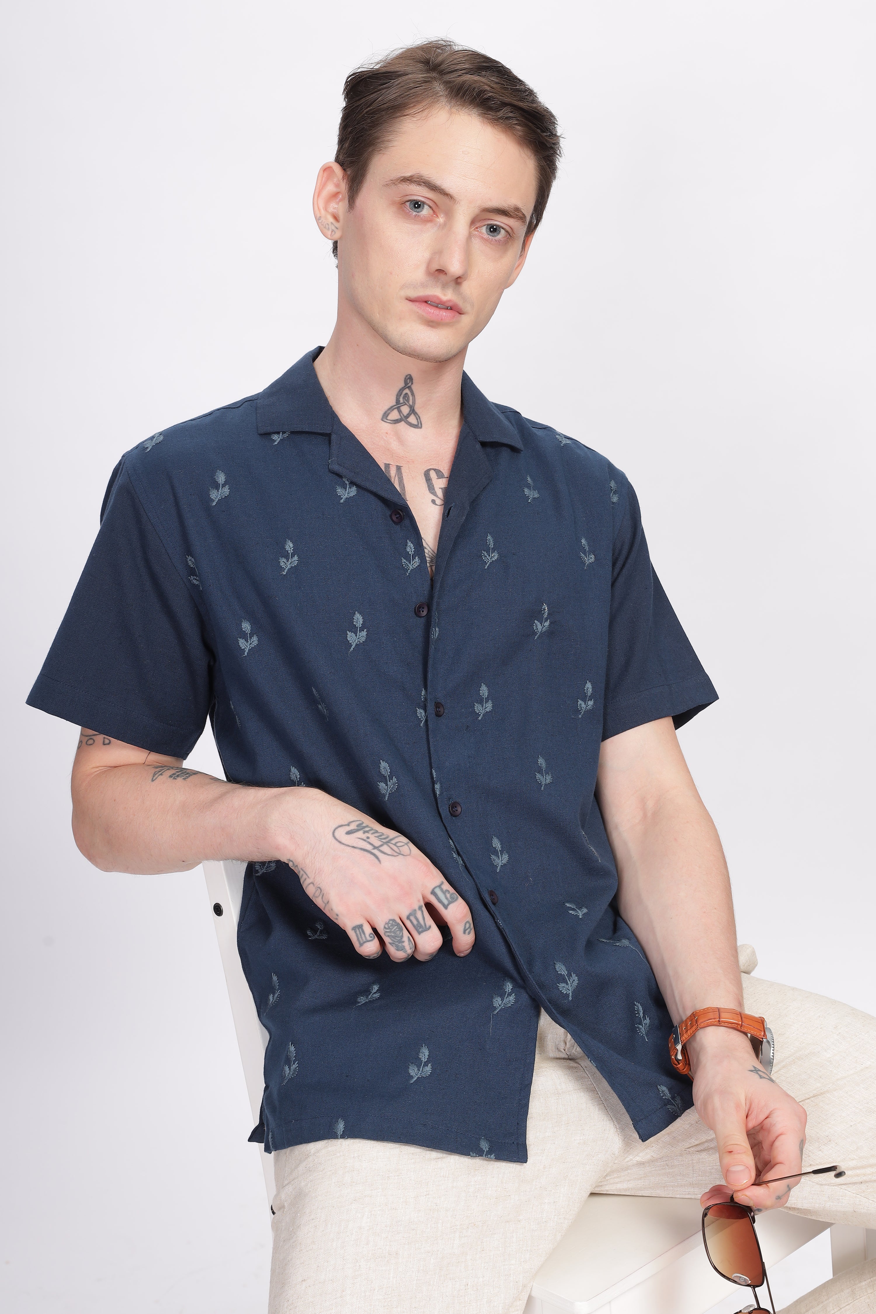 Oslo Blue All-Over Embroidery Camp Collar Shirt