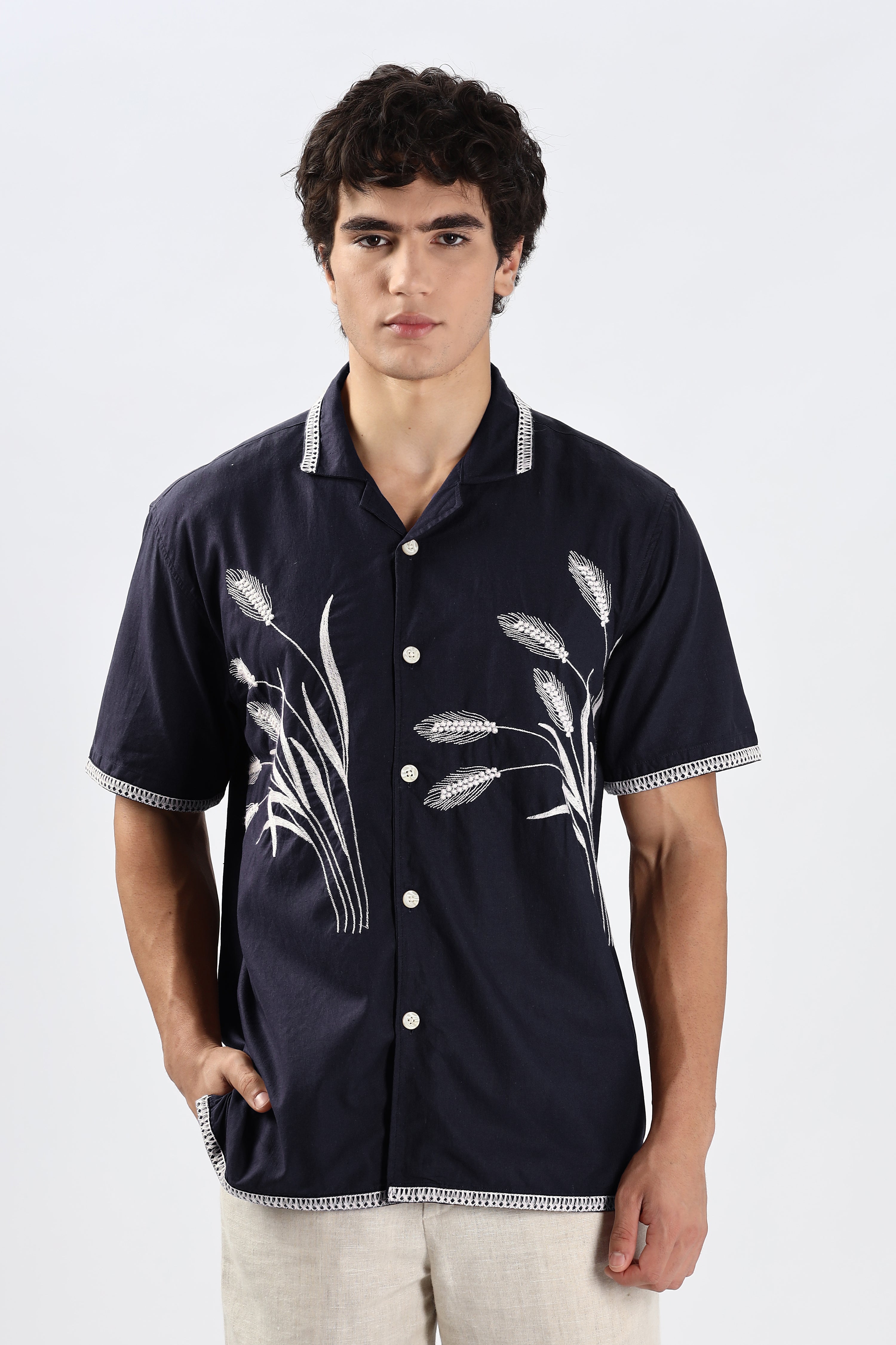 Houston Barley Navy Blue Embroidery Box Fit Shirt