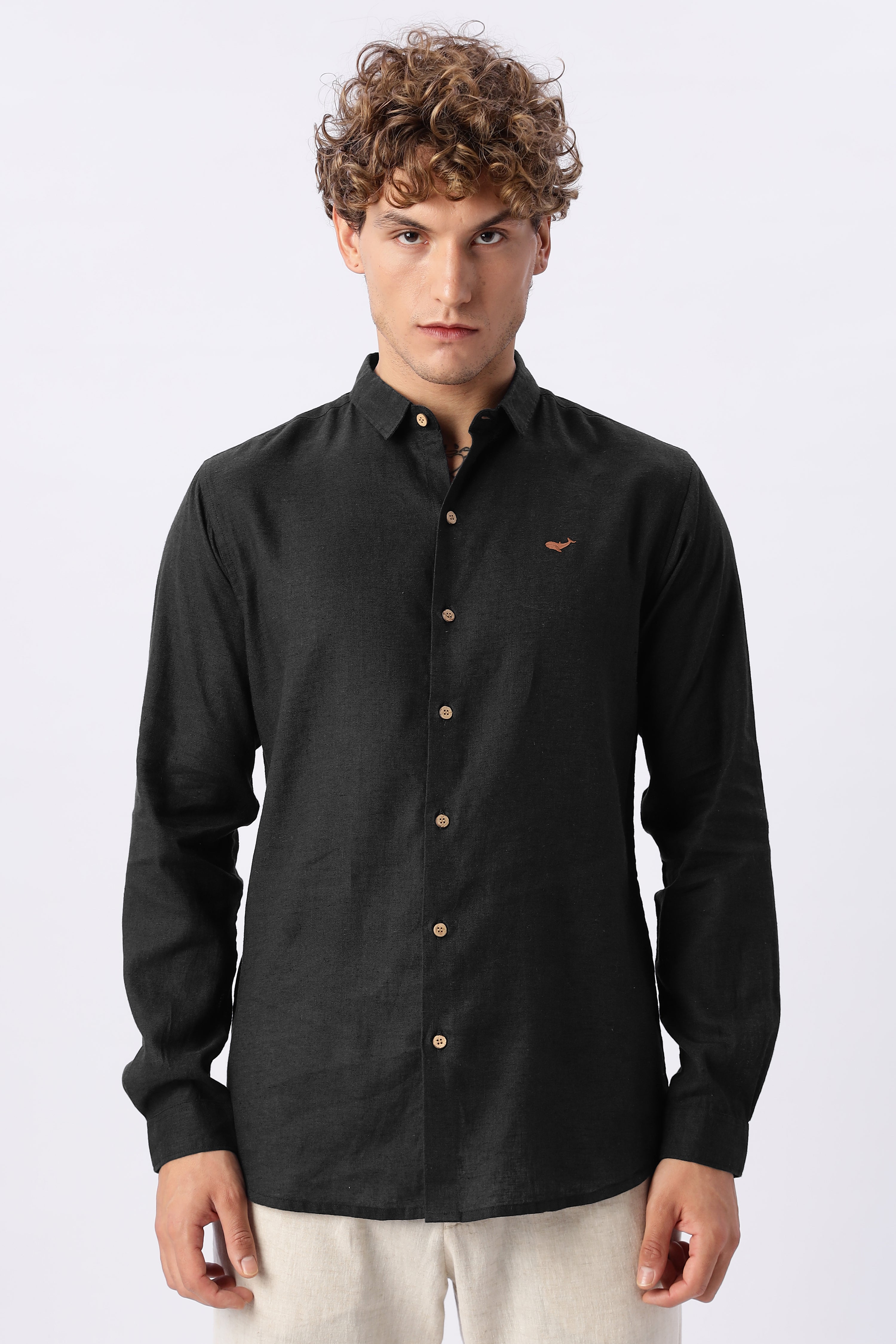 Midnight Black 100% Cotton Mock-Linen Essential Shirt