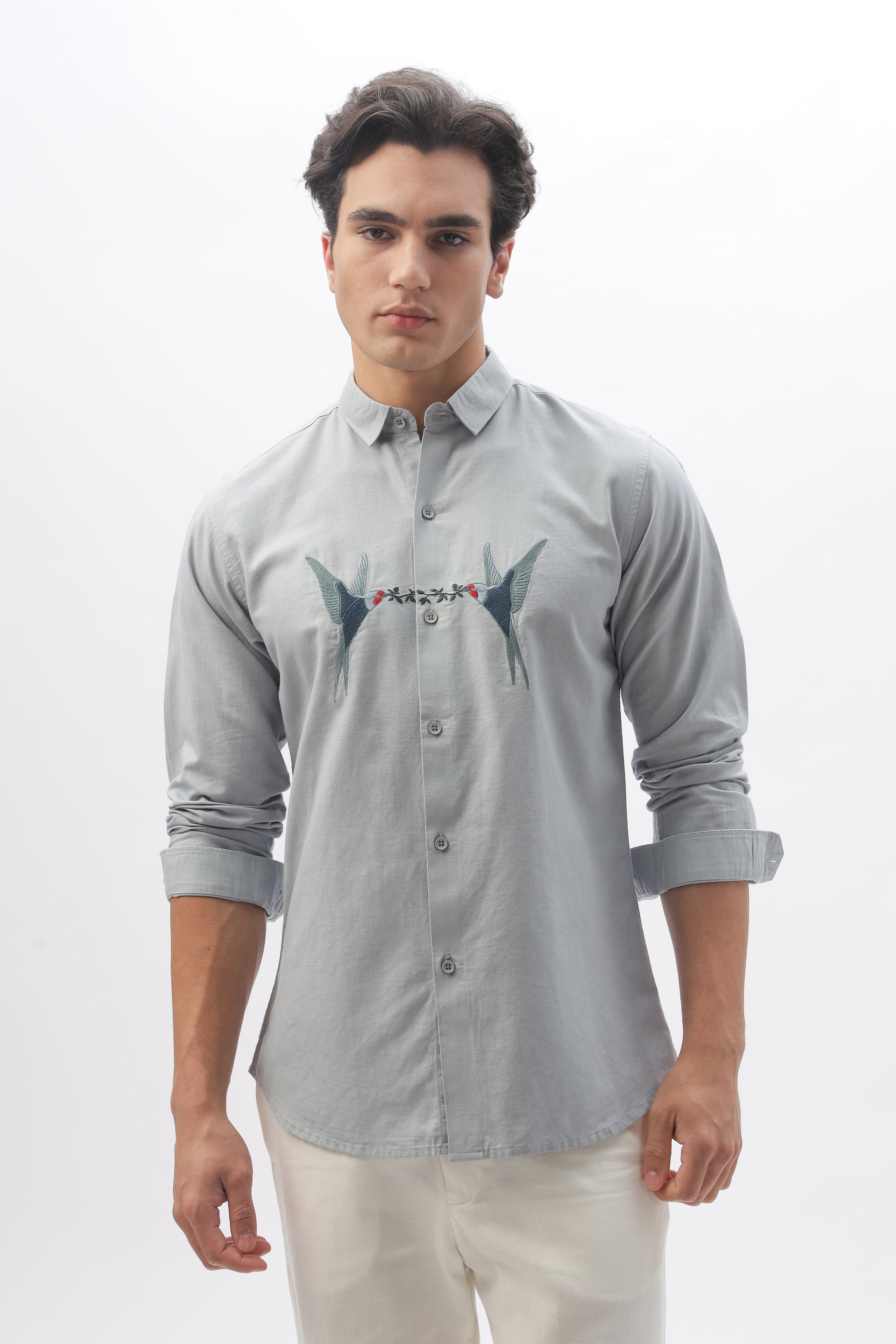 Venice Grey Birds of Heaven Embroidery Linen Shirt