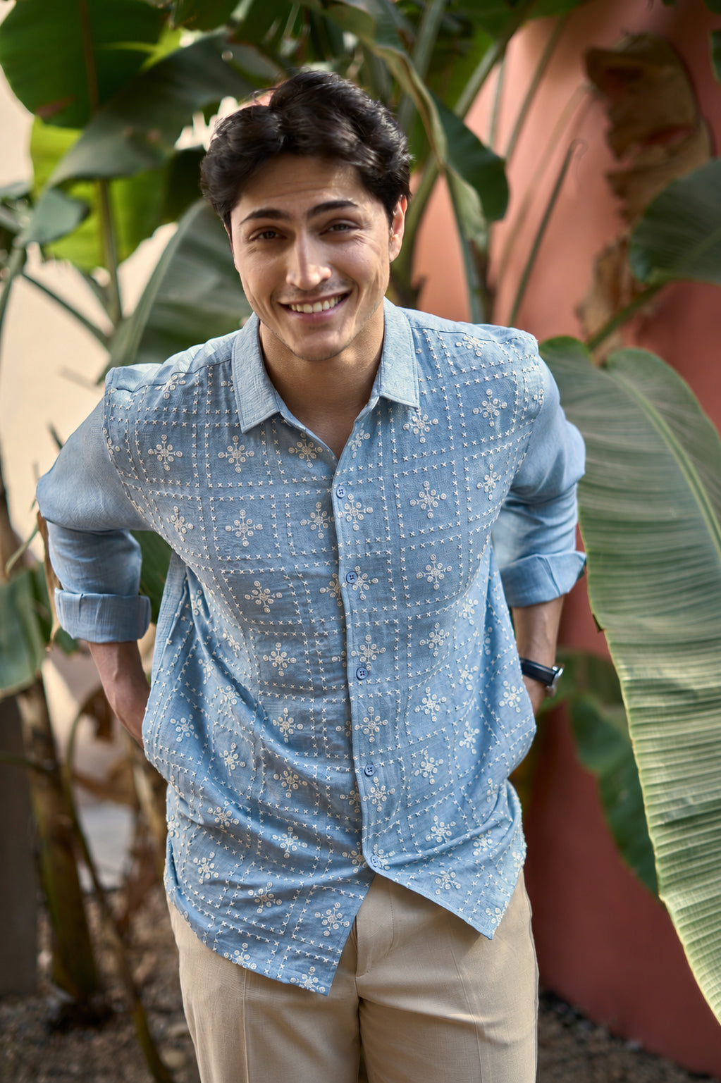 River Blue All Over Cotton Regular Fit Blue Embroidered Shirt