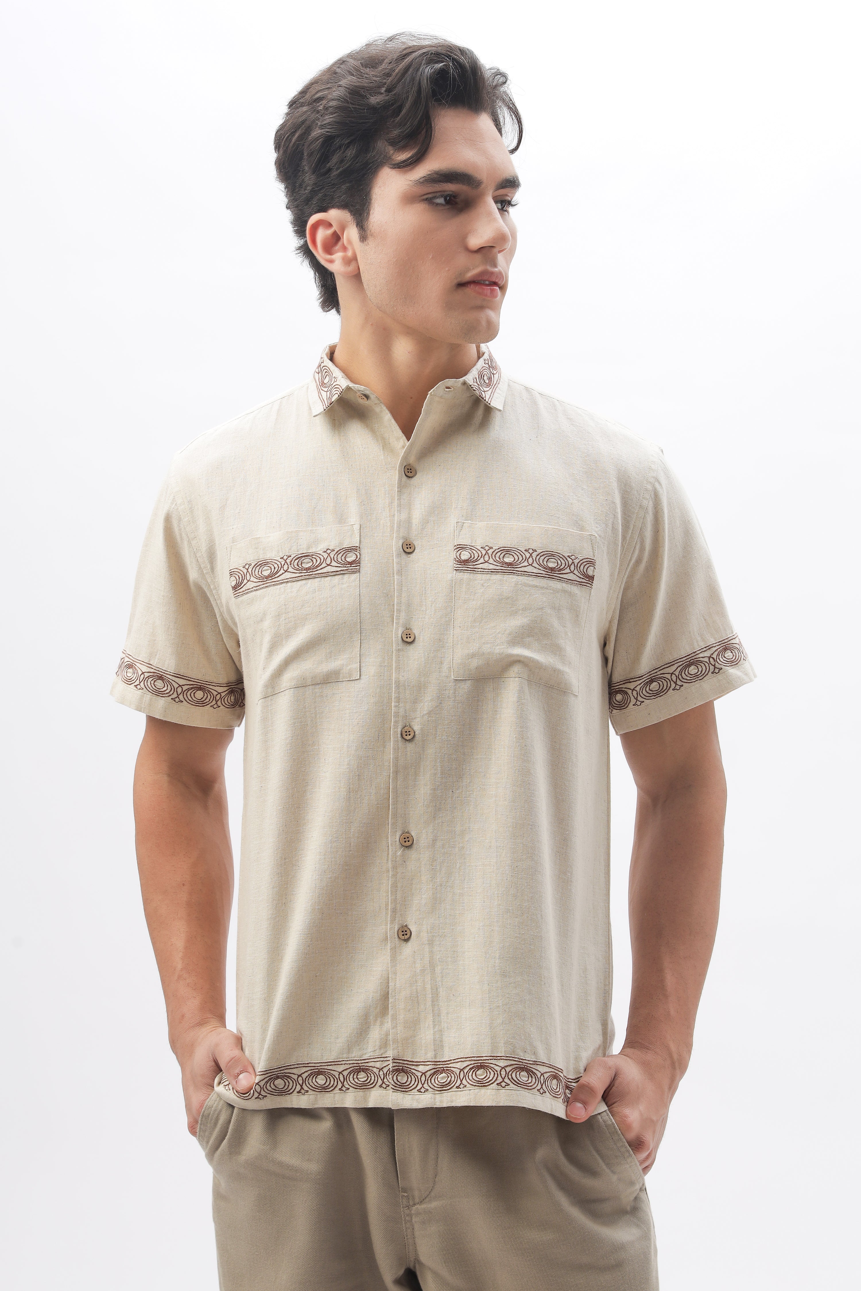 Bambaiya Beige Embroidery Double Pocket Shirt