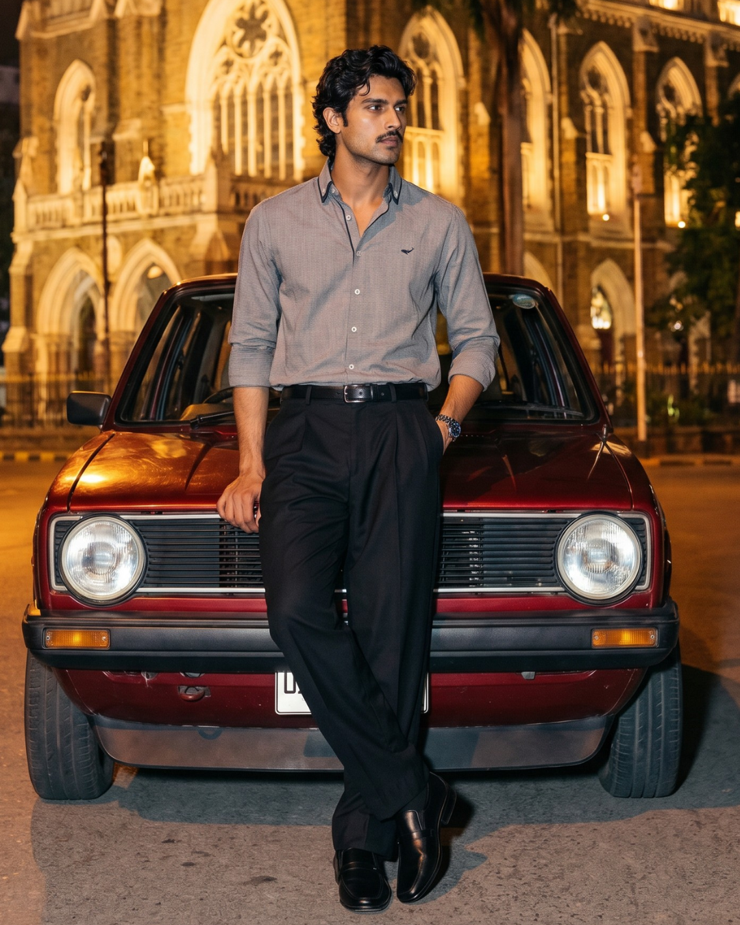 Midnight Grey Grid–Tonal Buttons With Contrast Collar Shirt