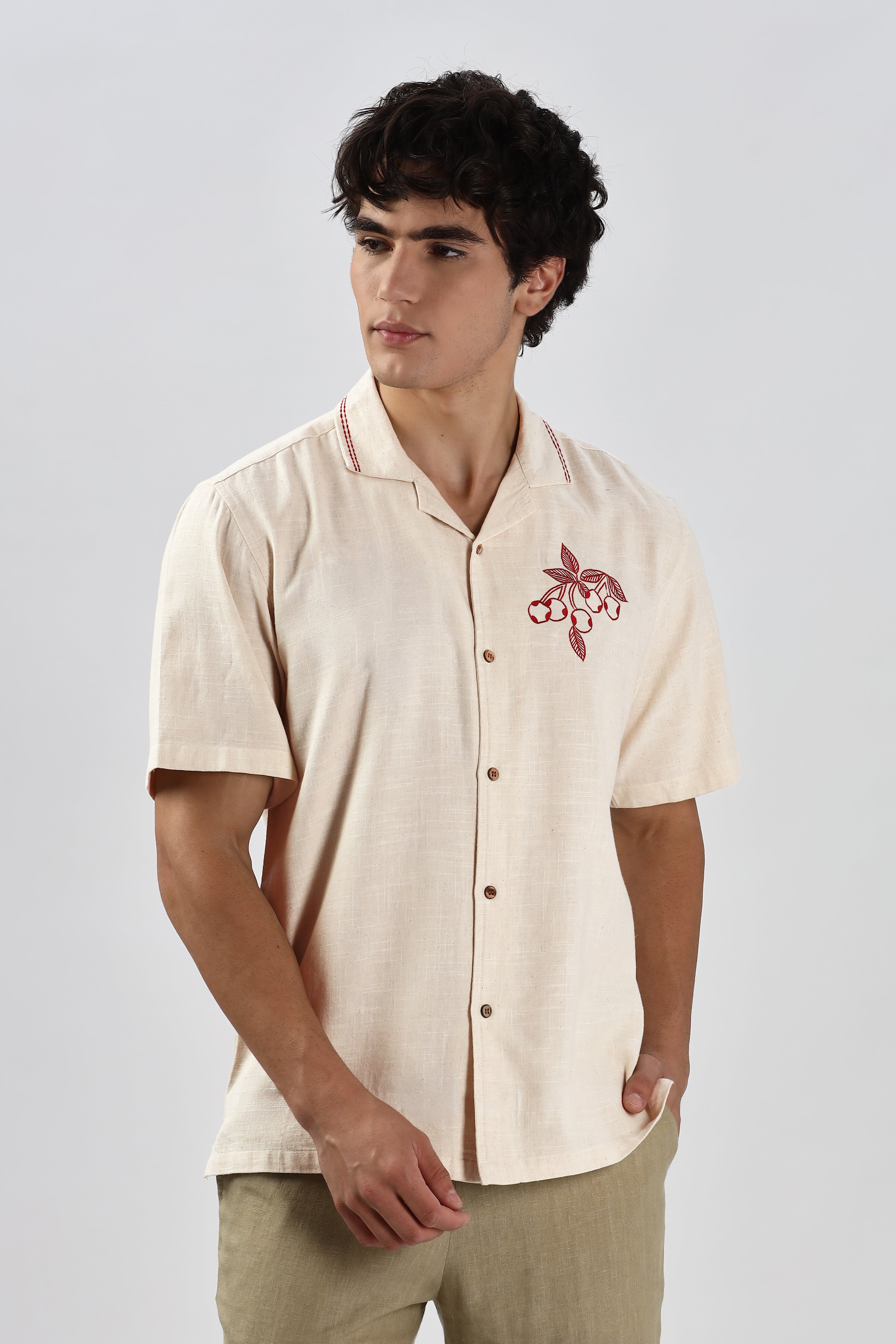 Cherry Cotton Box Fit Caribbean Beige Embroidery Shirt