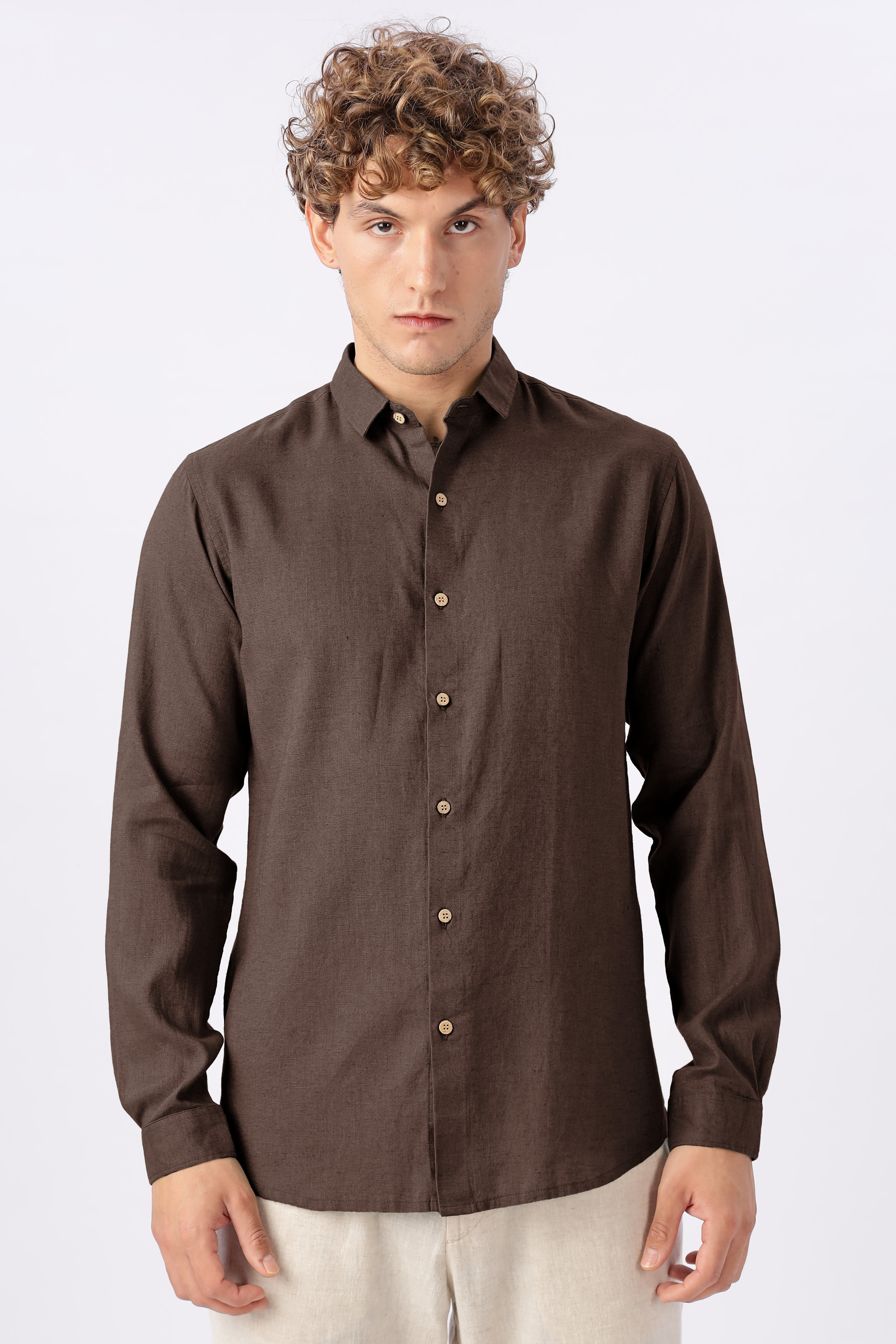 Classic Cocoa Linen Blend No Logo Regular Fit Brown Shirt