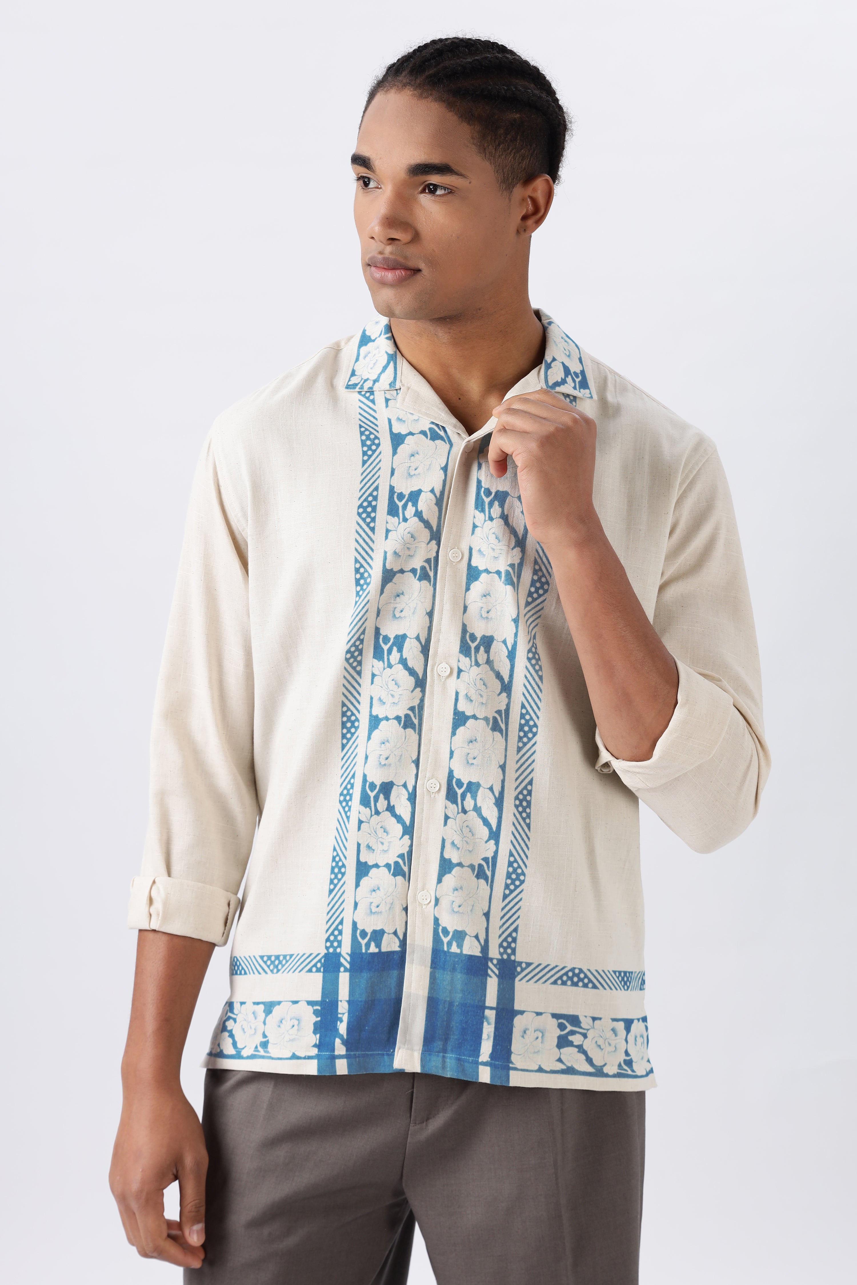 Bloom Summer Panel Cotton Box Fit Beige Shirt