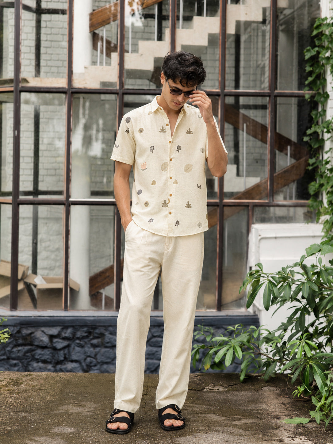 All Over Palm Beige 100% Cotton Co-ord Set outfit for men