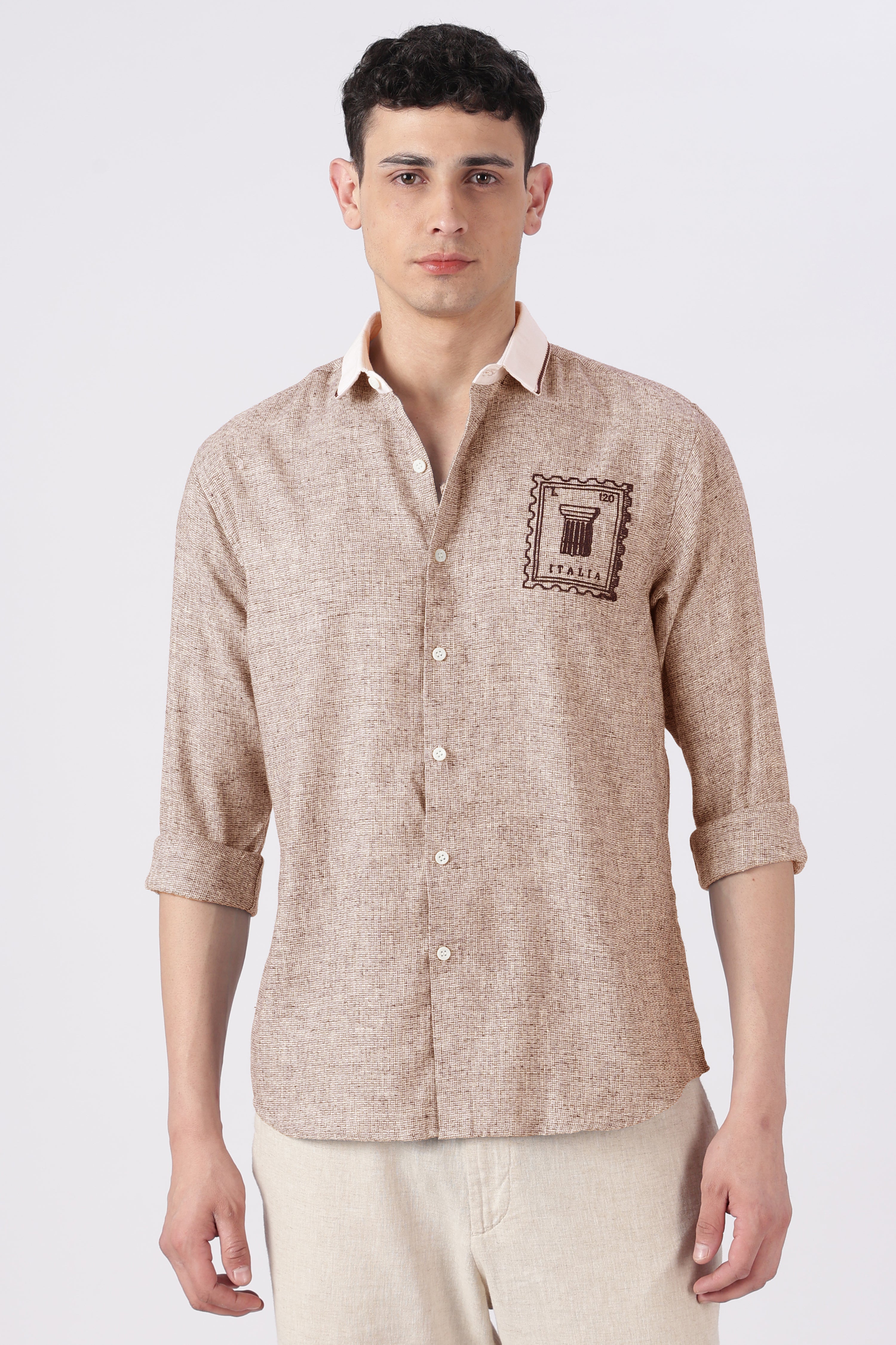 Italia Stamp Cotton Regular Fit Brown Embroidered Shirt