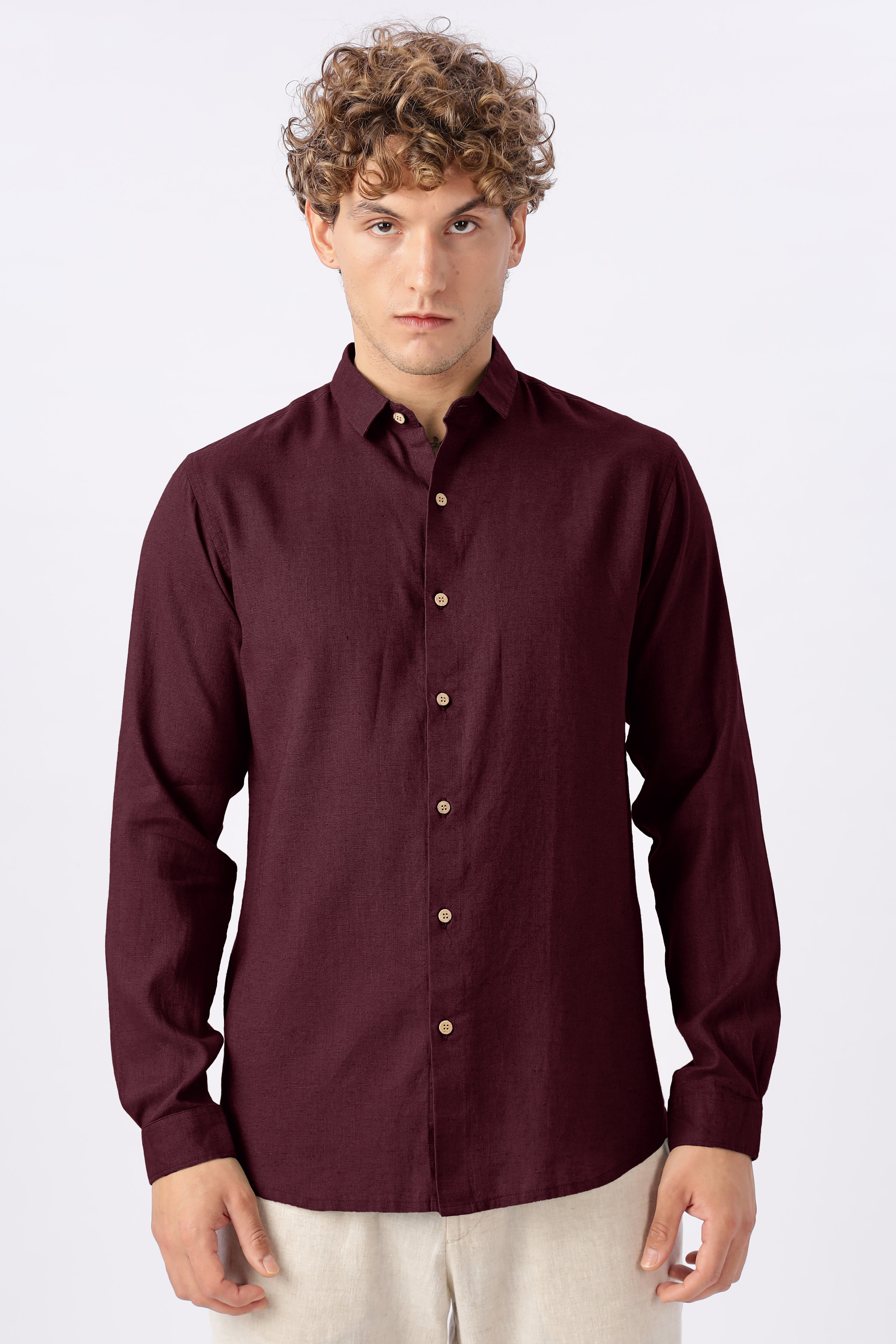 Classic Burgundy Linen Blend No Logo Regular Fit Maroon Shirt