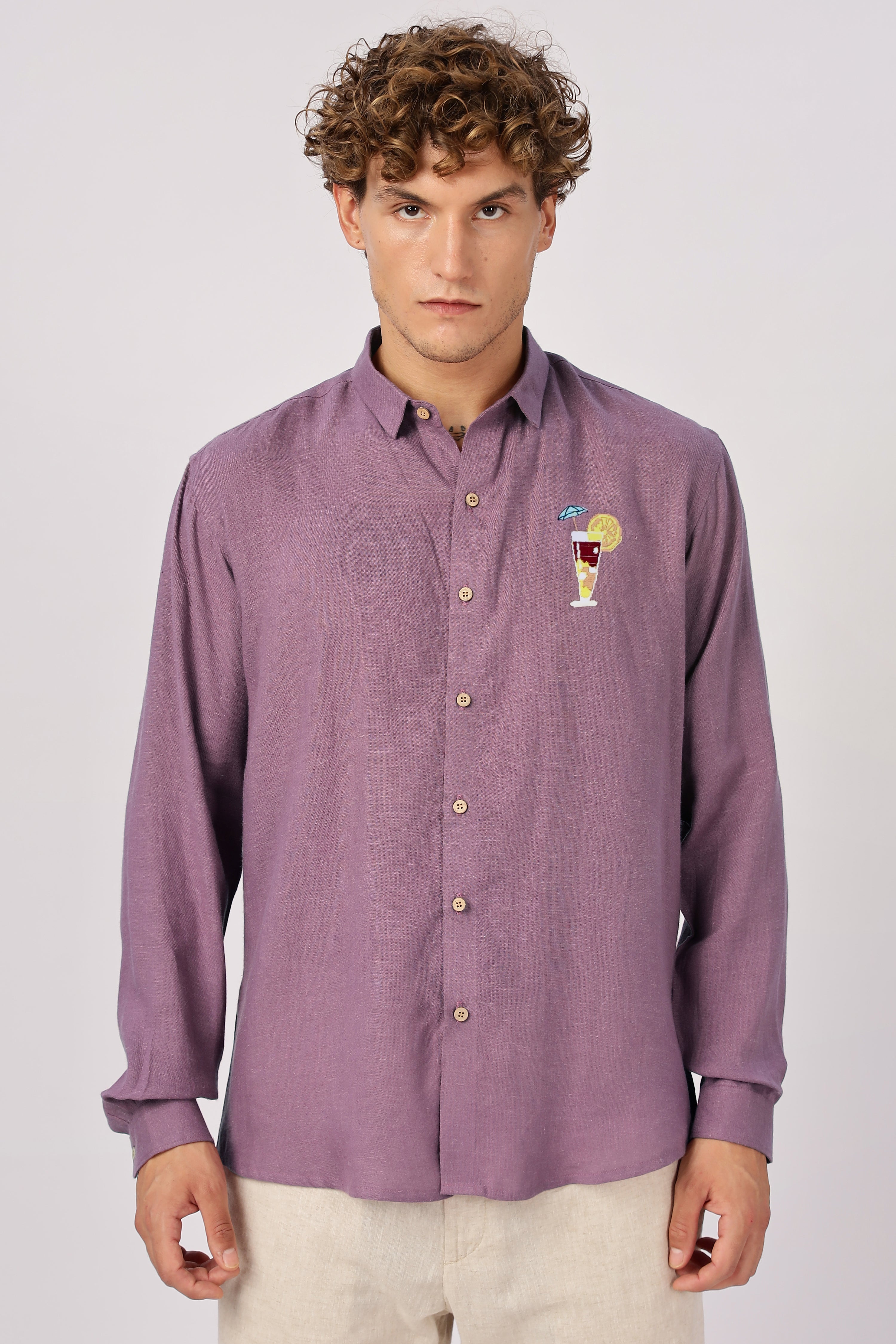 Sundowner Cocktail Cotton Regular Fit Lavender Embroidered Shirt