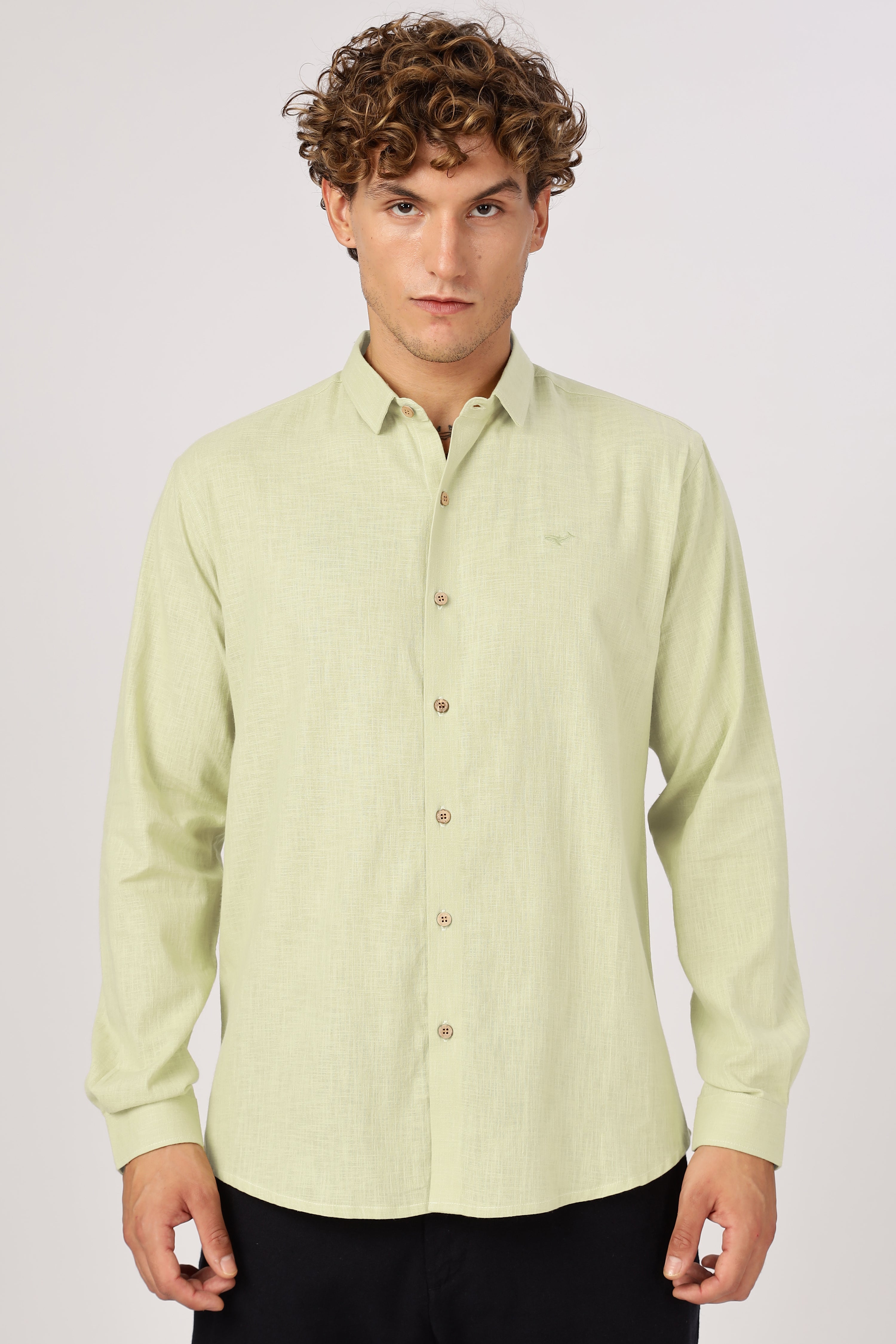Light Green 100% Cotton Mock-Linen Essential Shirt