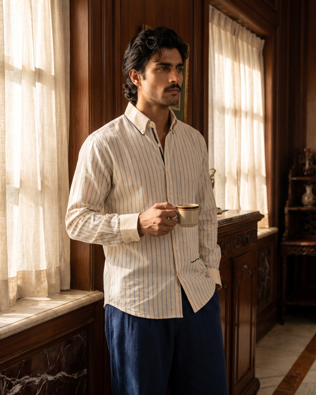 Herringbone Stripes- Contrast Collar Shirt