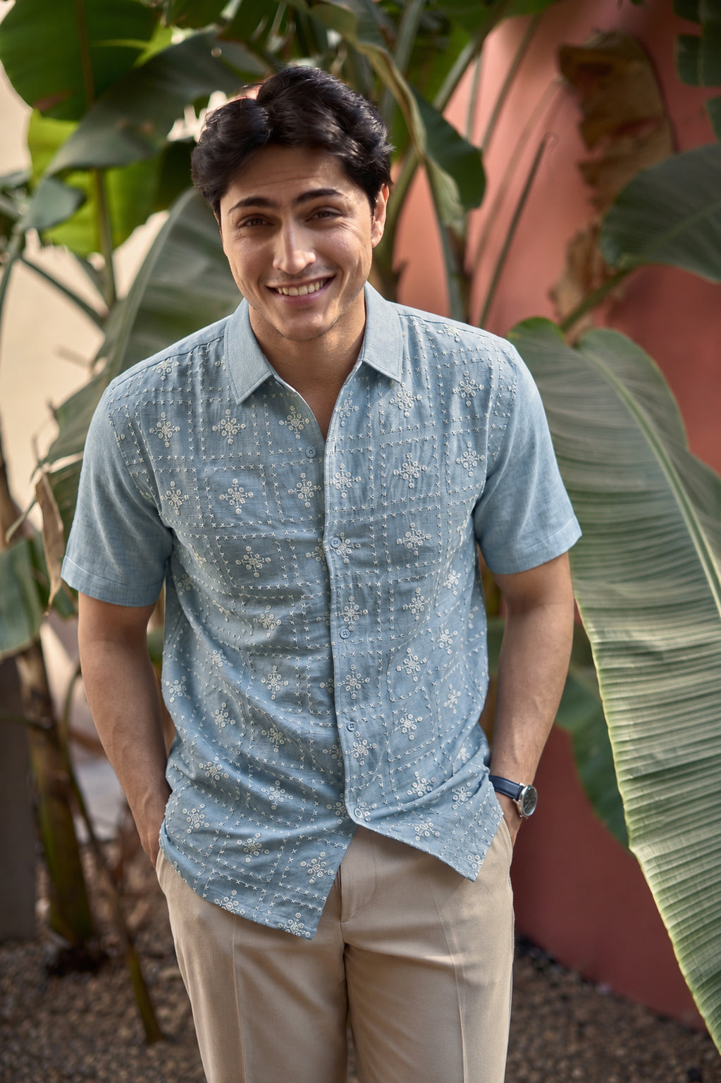 River Blue All Over Cotton Box Fit Blue Half Sleev Embroidered Shirt