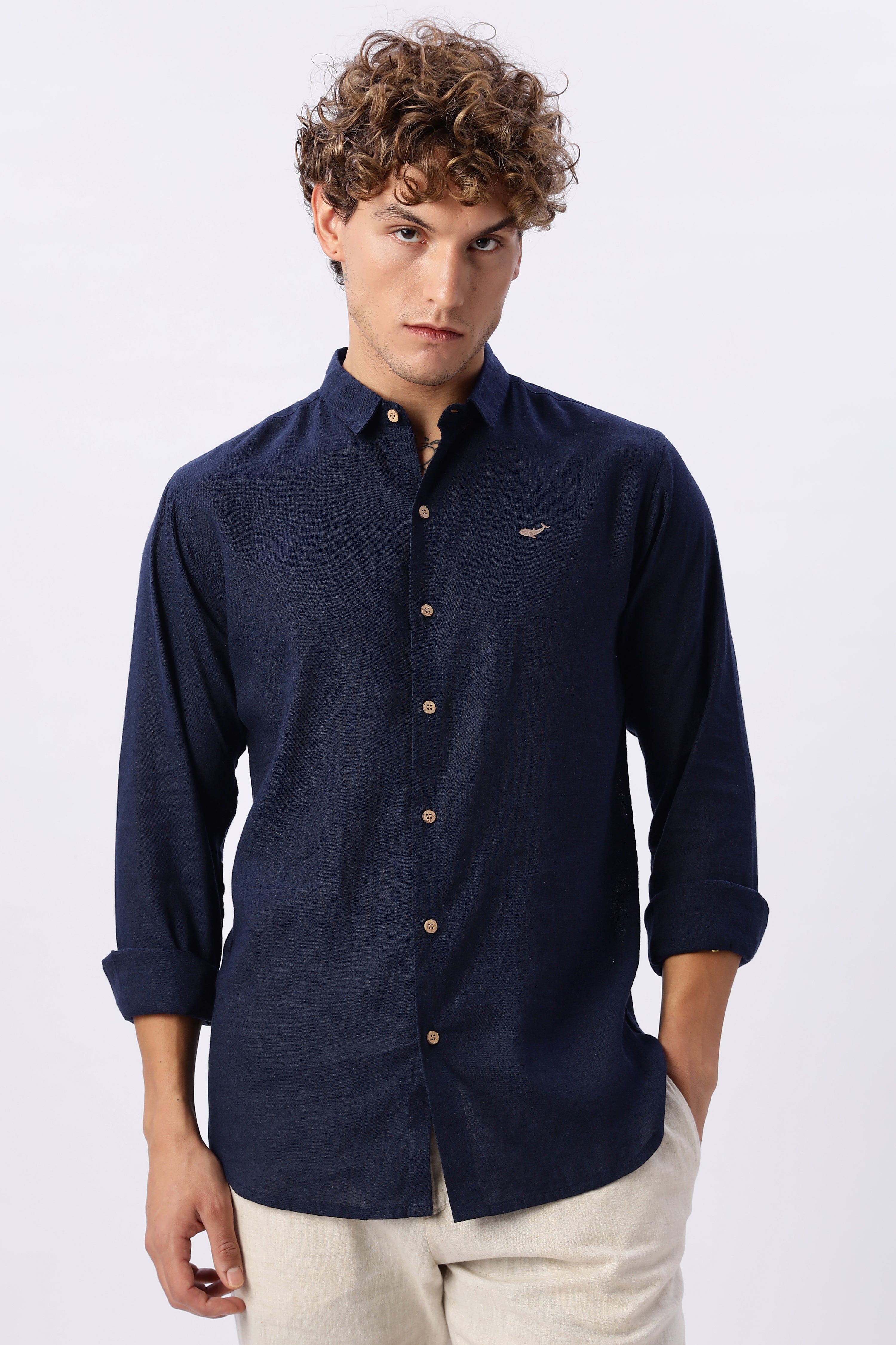 Navy blue 100% Linen 44 Lea Shirt