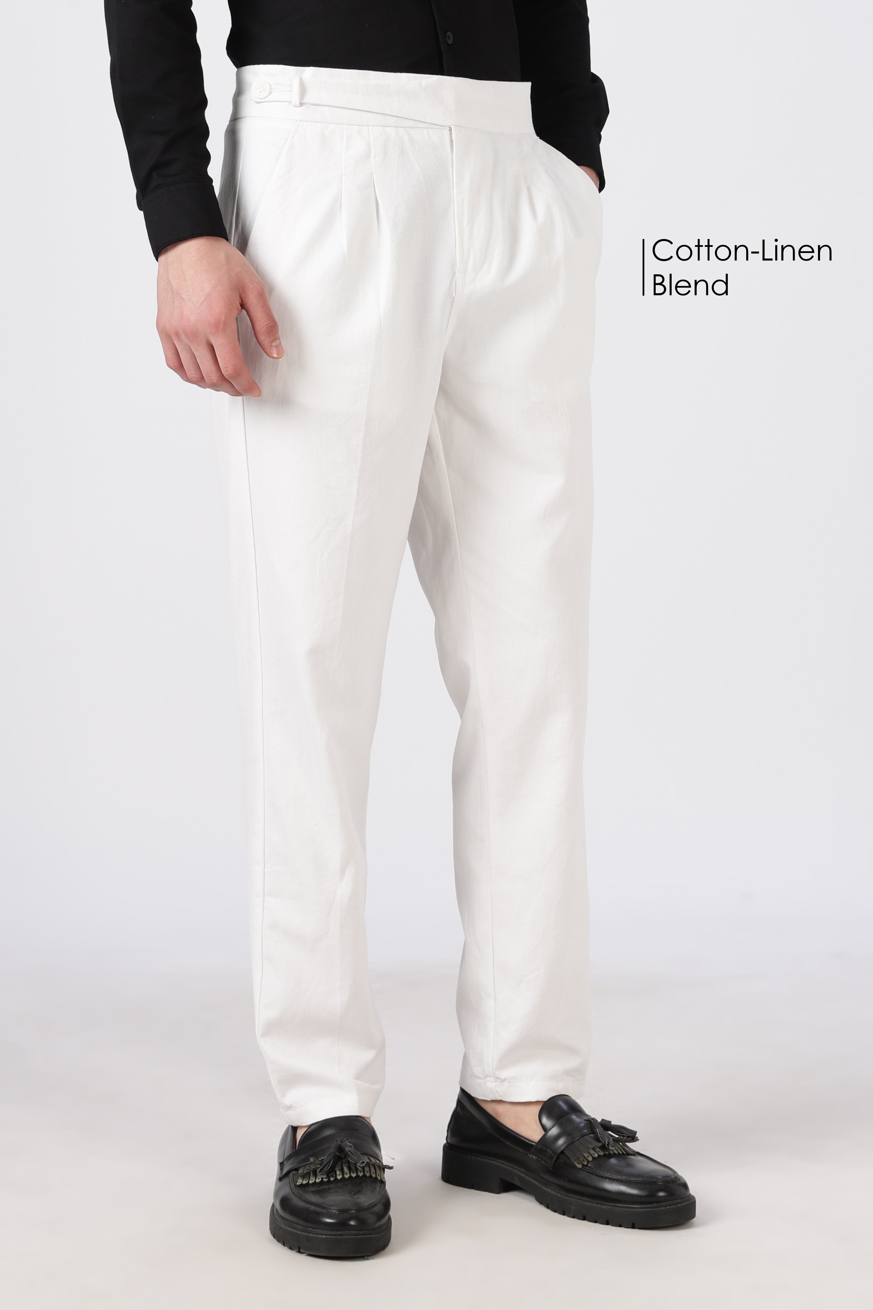 Italian Style White Pleated Straight Fit Pants