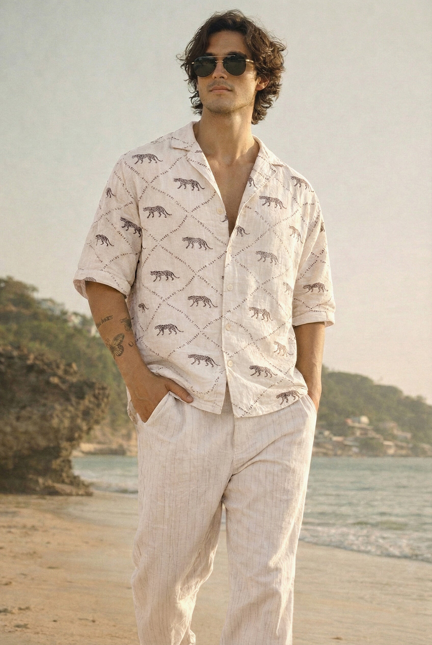 Savanna Stride 100% cotton Box Fit Beige Printed Shirt