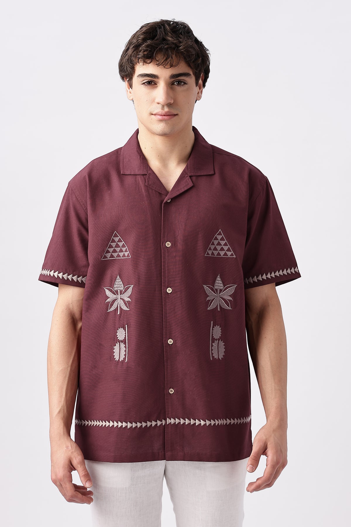 Temple Trail Cotton Box Fit Maroon Embroidered Shirt