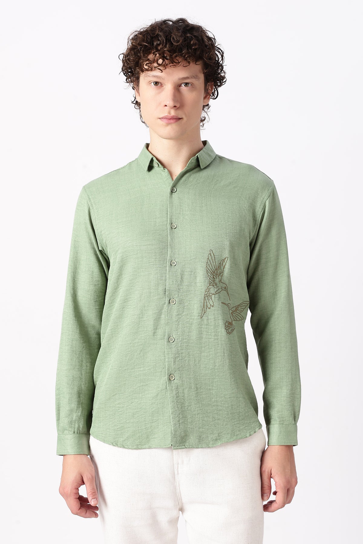 Humming(way) Birds Vienna Cotton Regular Fit Green Embroidery Shirt