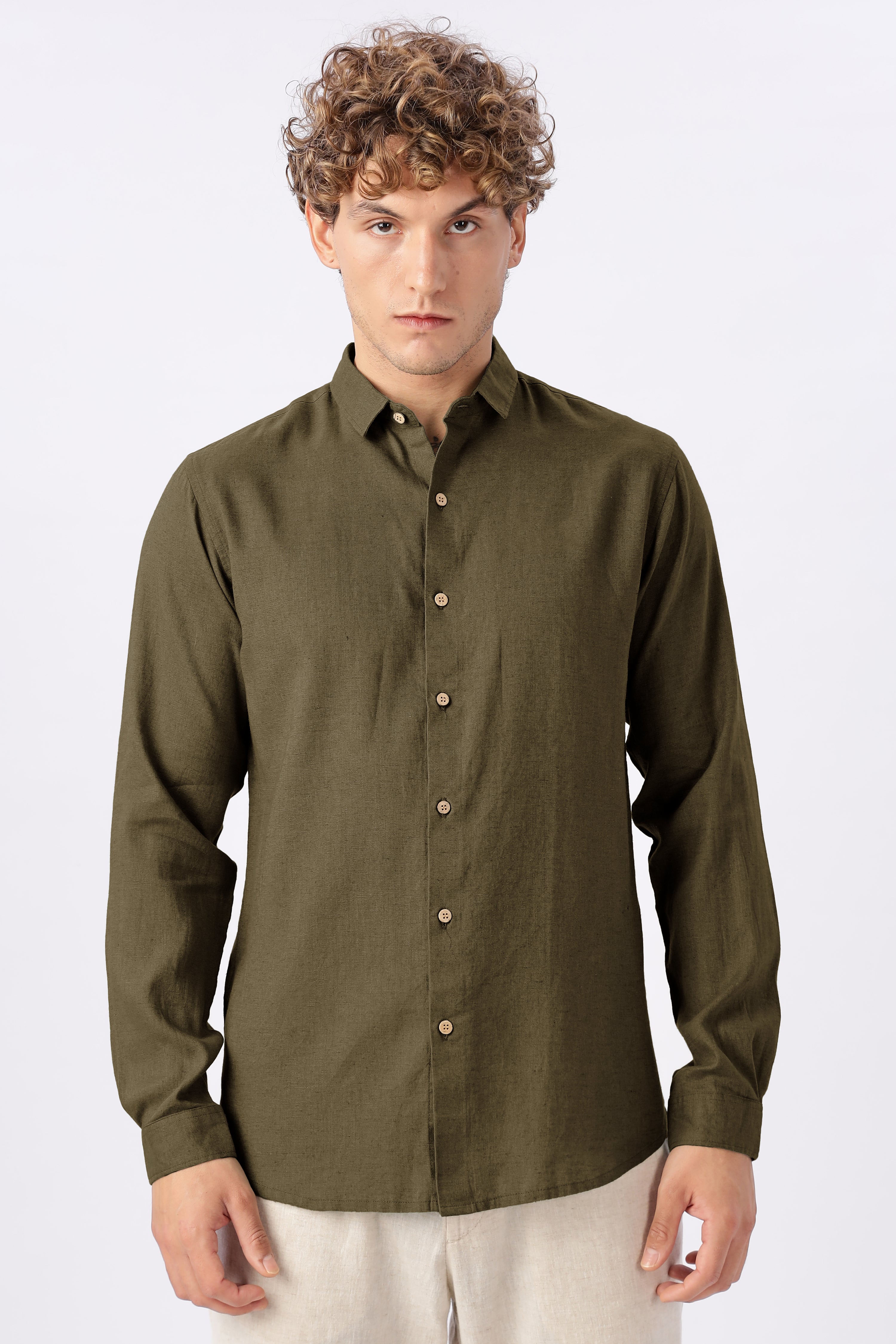 Olive Grove Linen Blend No Logo Regular Fit Green Shirt