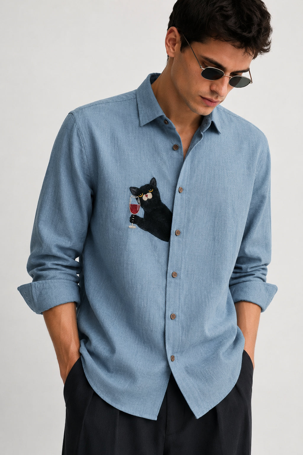 Midnight Sommelier Cotton Regular Fit Blue Embroidered Shirt