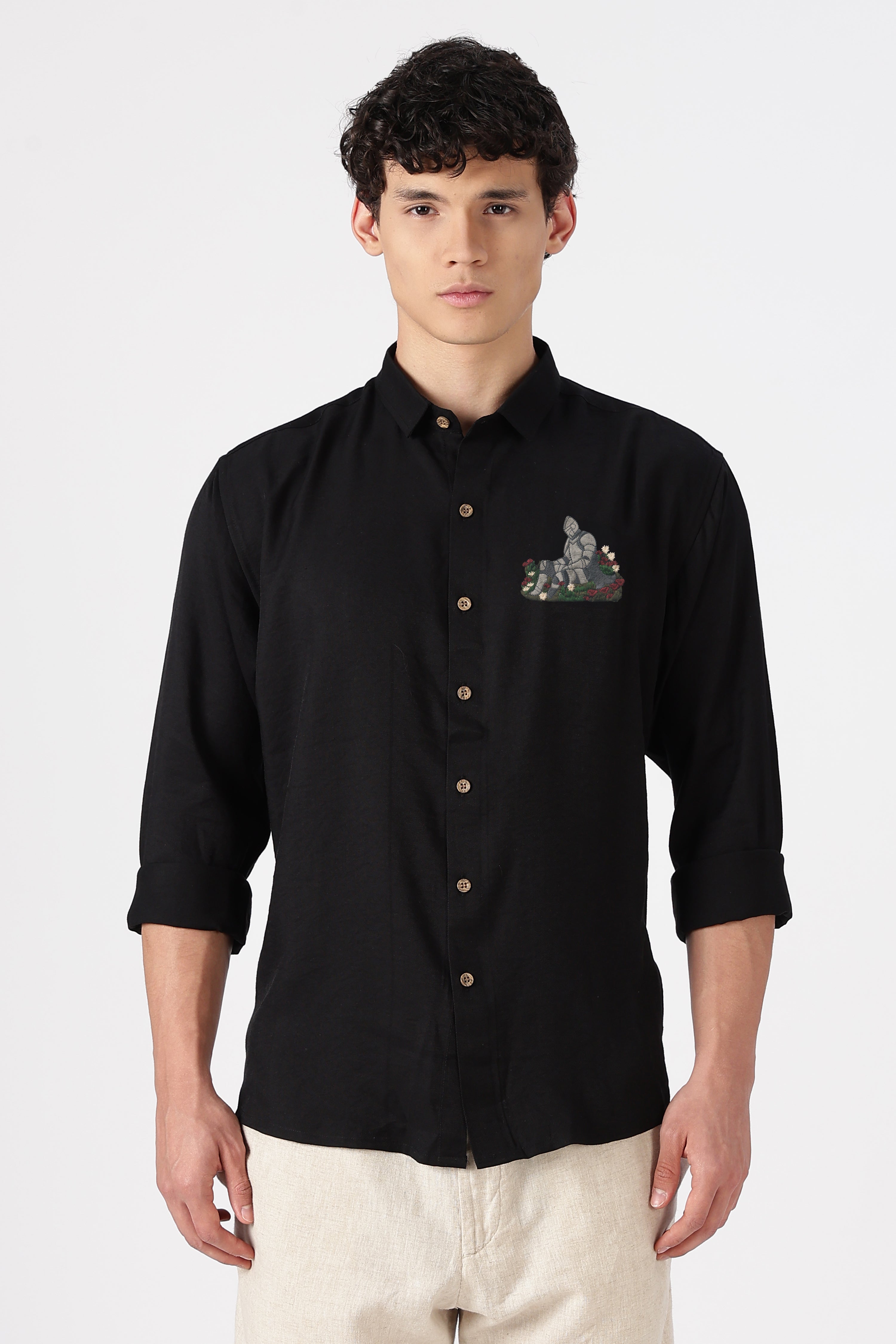 Medieval Knight Cotton Regular Fit Black Embroidered Shirt