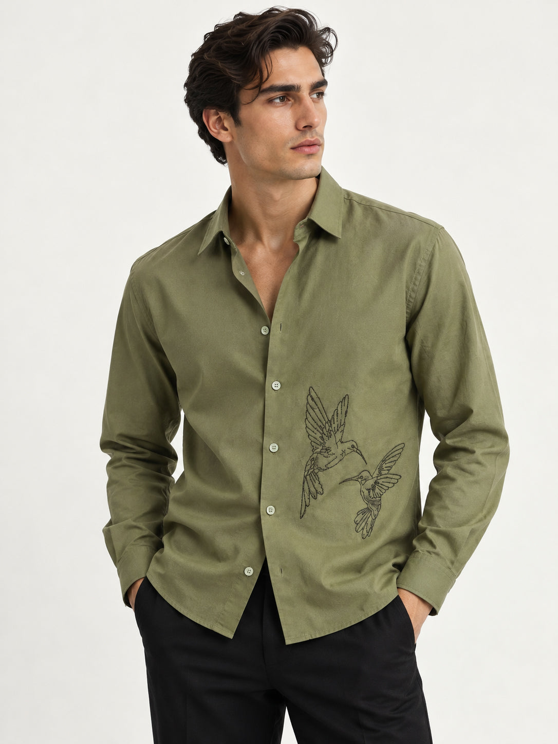 Humming(way) Birds Vienna Cotton Regular Fit Green Embroidery Shirt