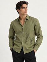 Humming(way) Birds Vienna Cotton Regular Fit Green Embroidery Shirt
