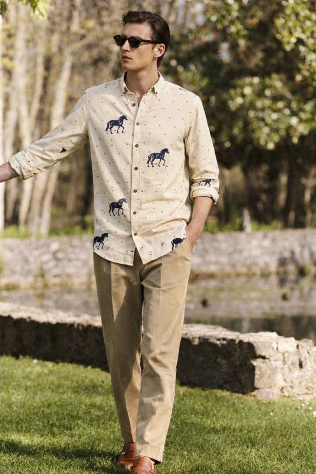Desert Horse Motif Cotton Regular Fit Beige Printed  Shirt