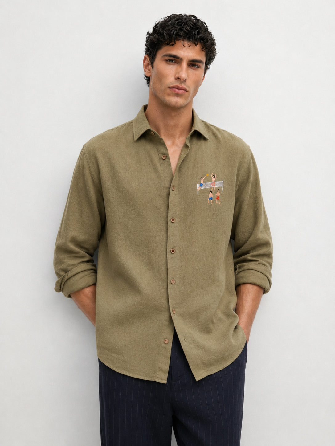 The Volleyball Cotton Regular Fit Olive Green Embroidered Shirt
