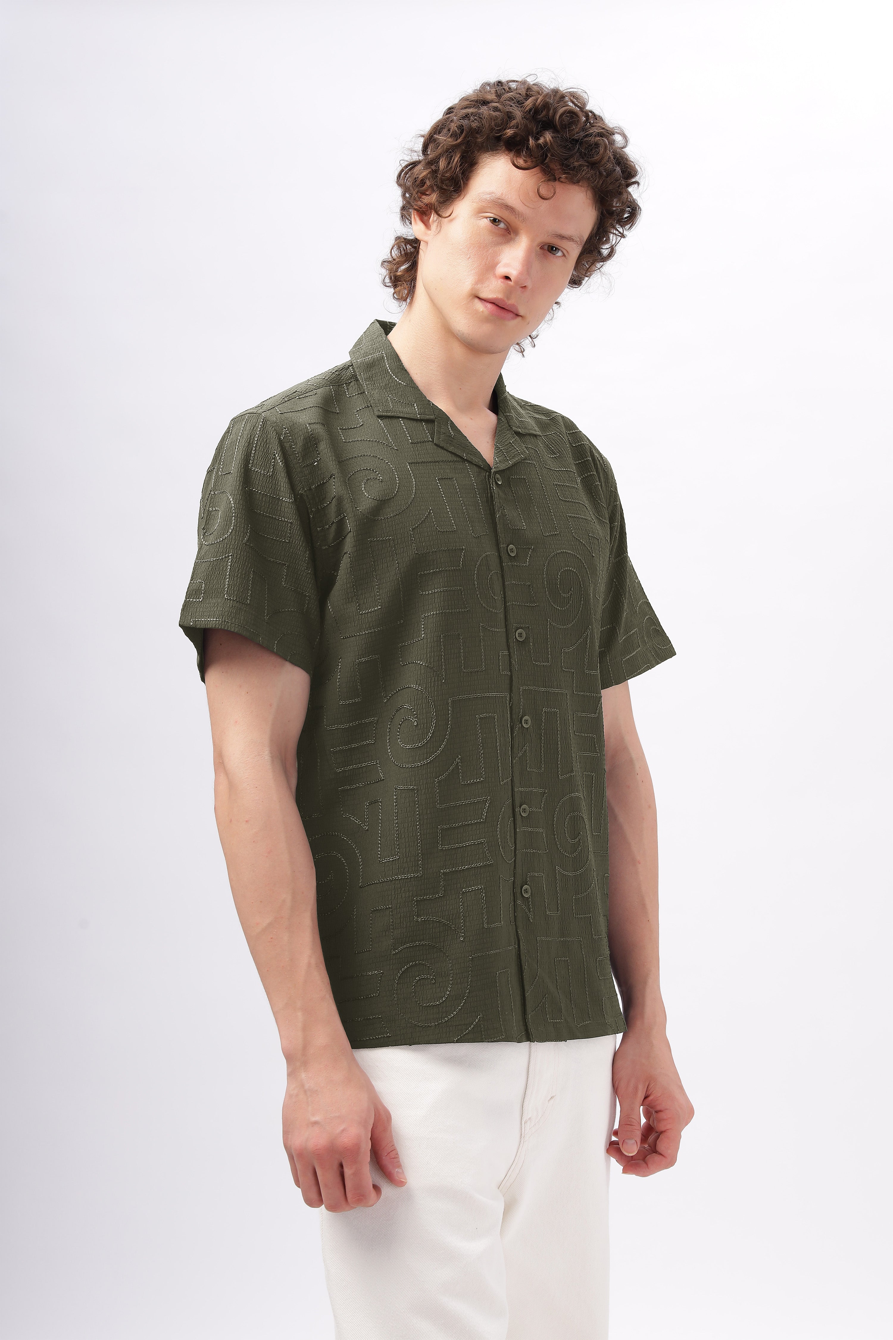 Cuban Collar Embroidery Half Sleeve Shirt