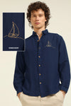 Classic Pirogue Cotton Regular Fit Blue Embroidered Shirt