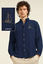 Classic Pirogue Cotton Regular Fit Blue Embroidered Shirt